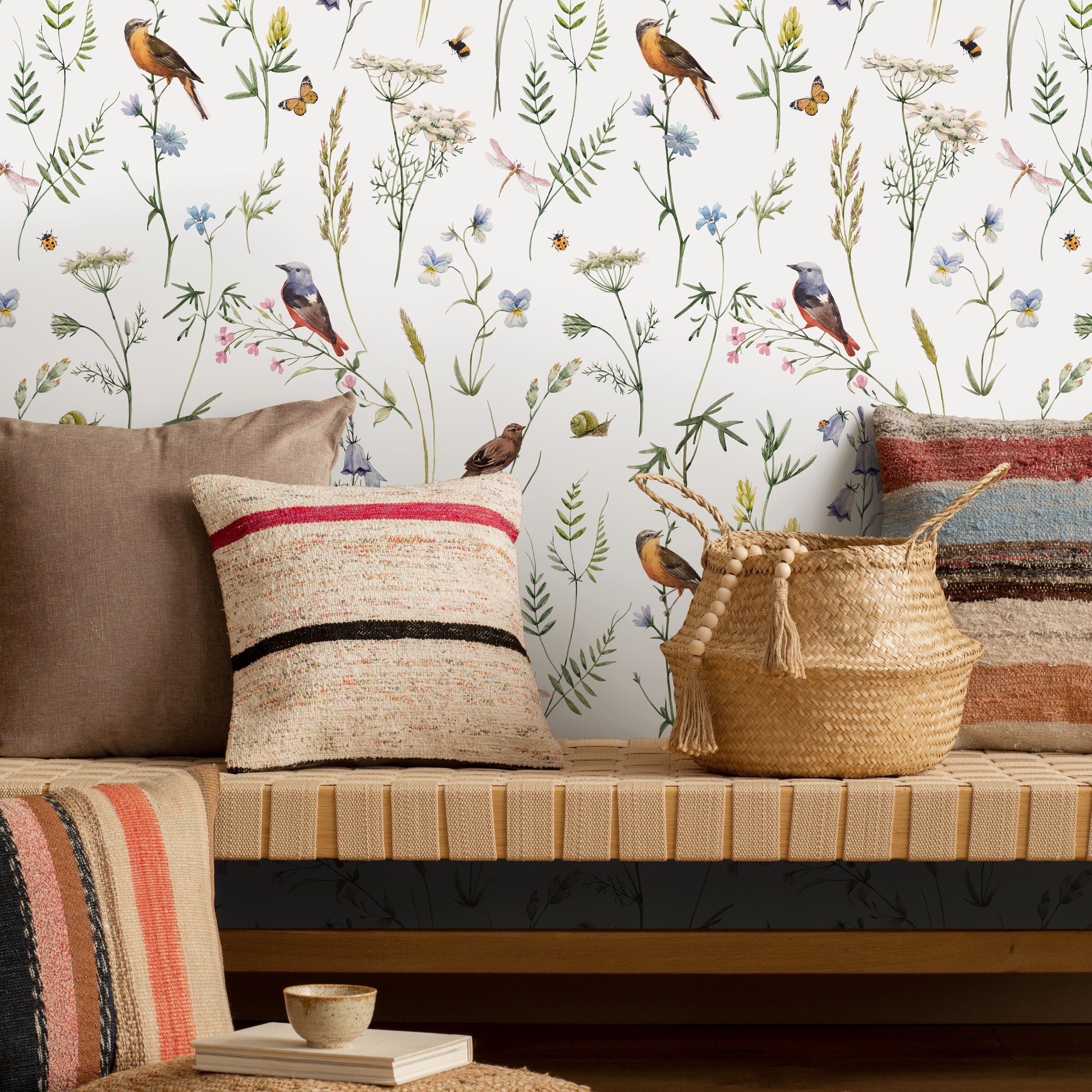 Botanical Wallpaper Featuring Meadow Birds And Wildflowers In Green And Blue - D993