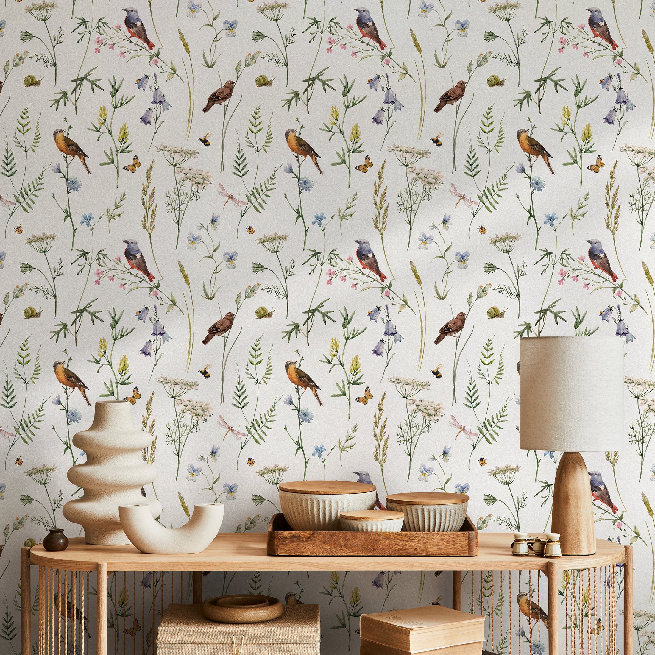 Botanical Wallpaper Featuring Meadow Birds And Wildflowers In Green And Blue - D993