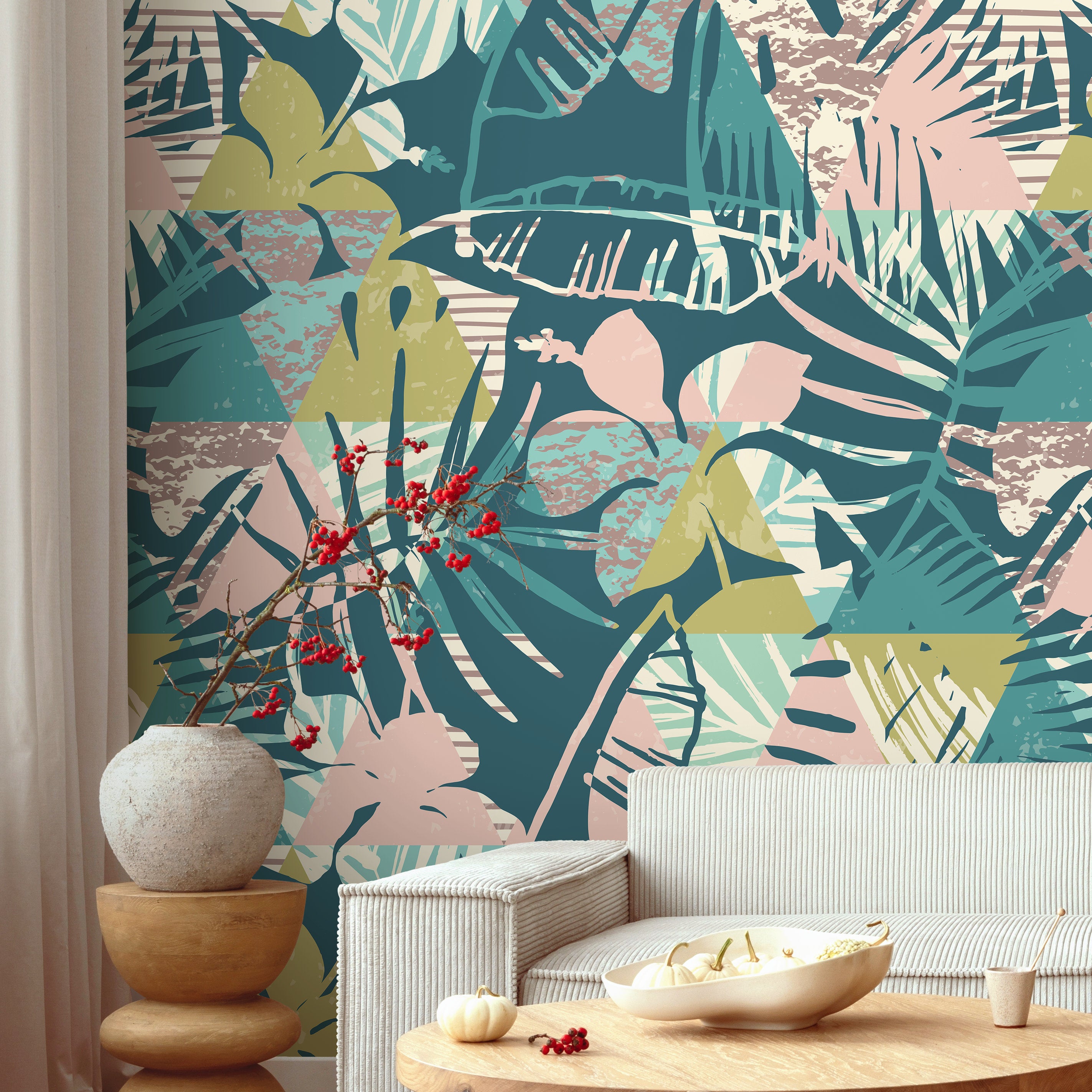 Abstract Tropical Wallpaper With Geometric Foliage In Teal, Pink, And Green - A893