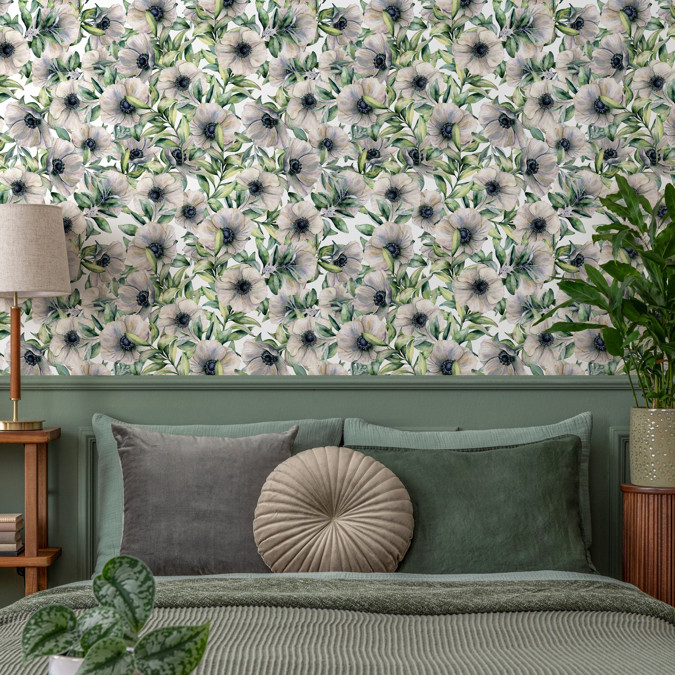 Floral Wallpaper With A Watercolor Anemone Motif In Gray, Green, And Black - A907
