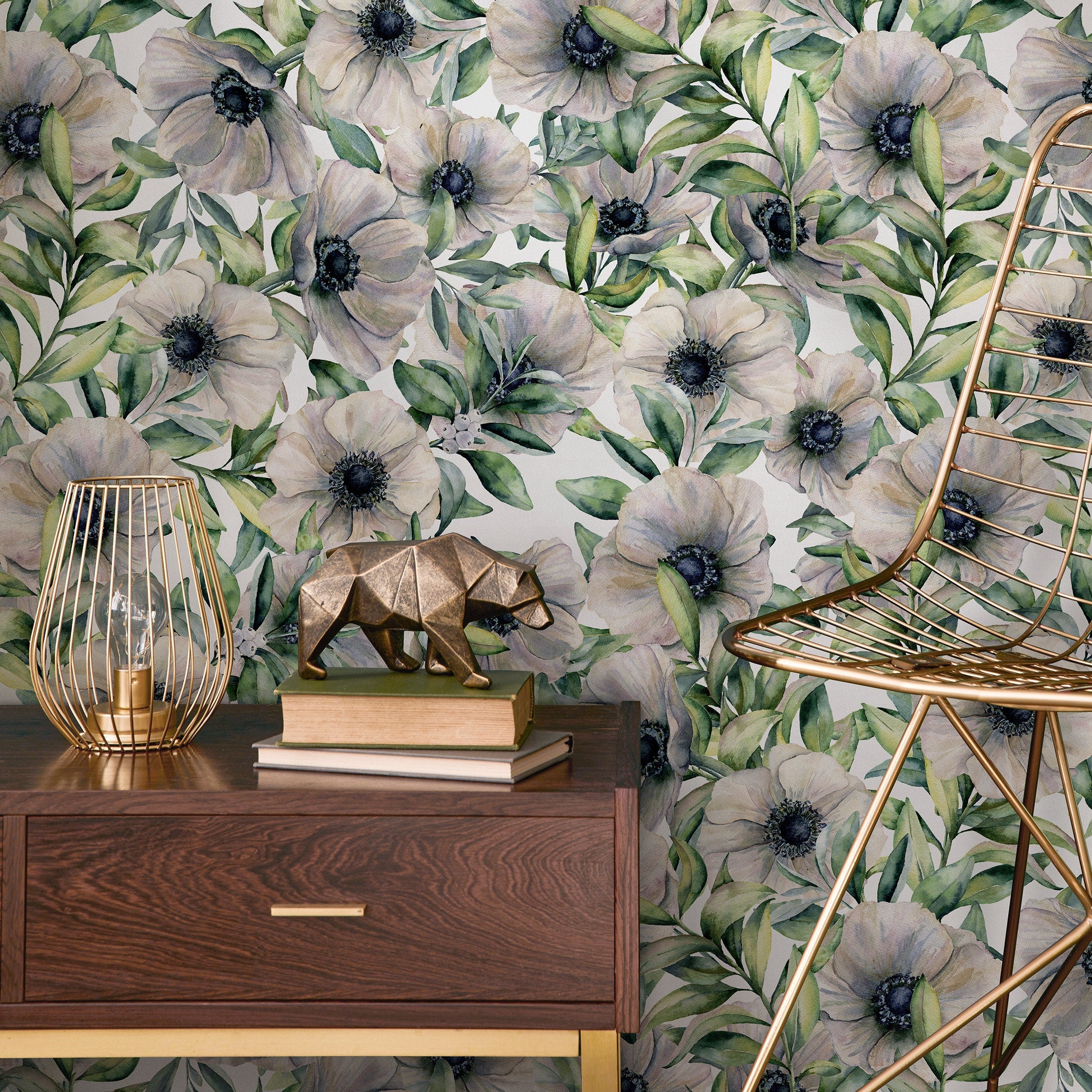 Floral Wallpaper With A Watercolor Anemone Motif In Gray, Green, And Black - A907