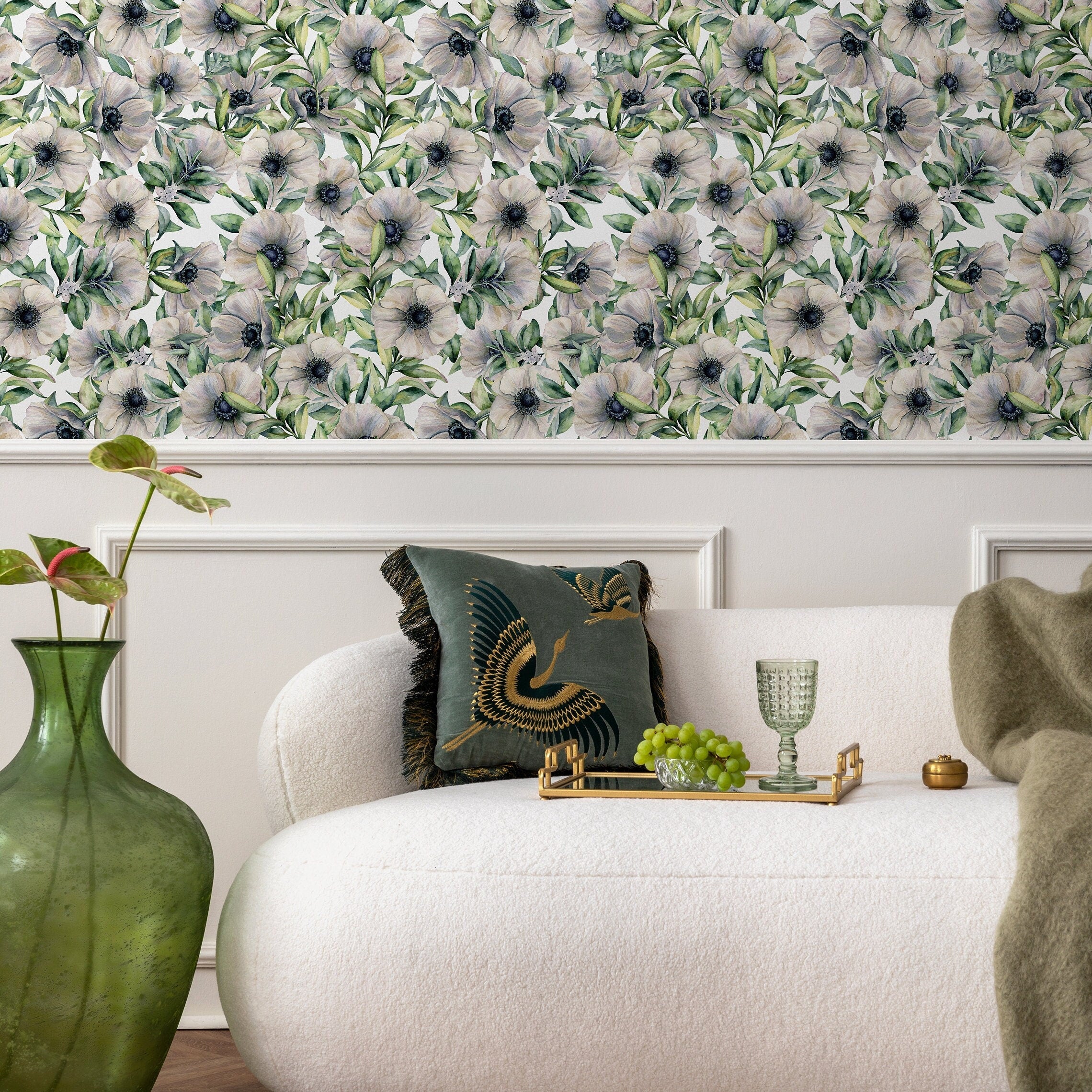 Floral Wallpaper With A Watercolor Anemone Motif In Gray, Green, And Black - A907