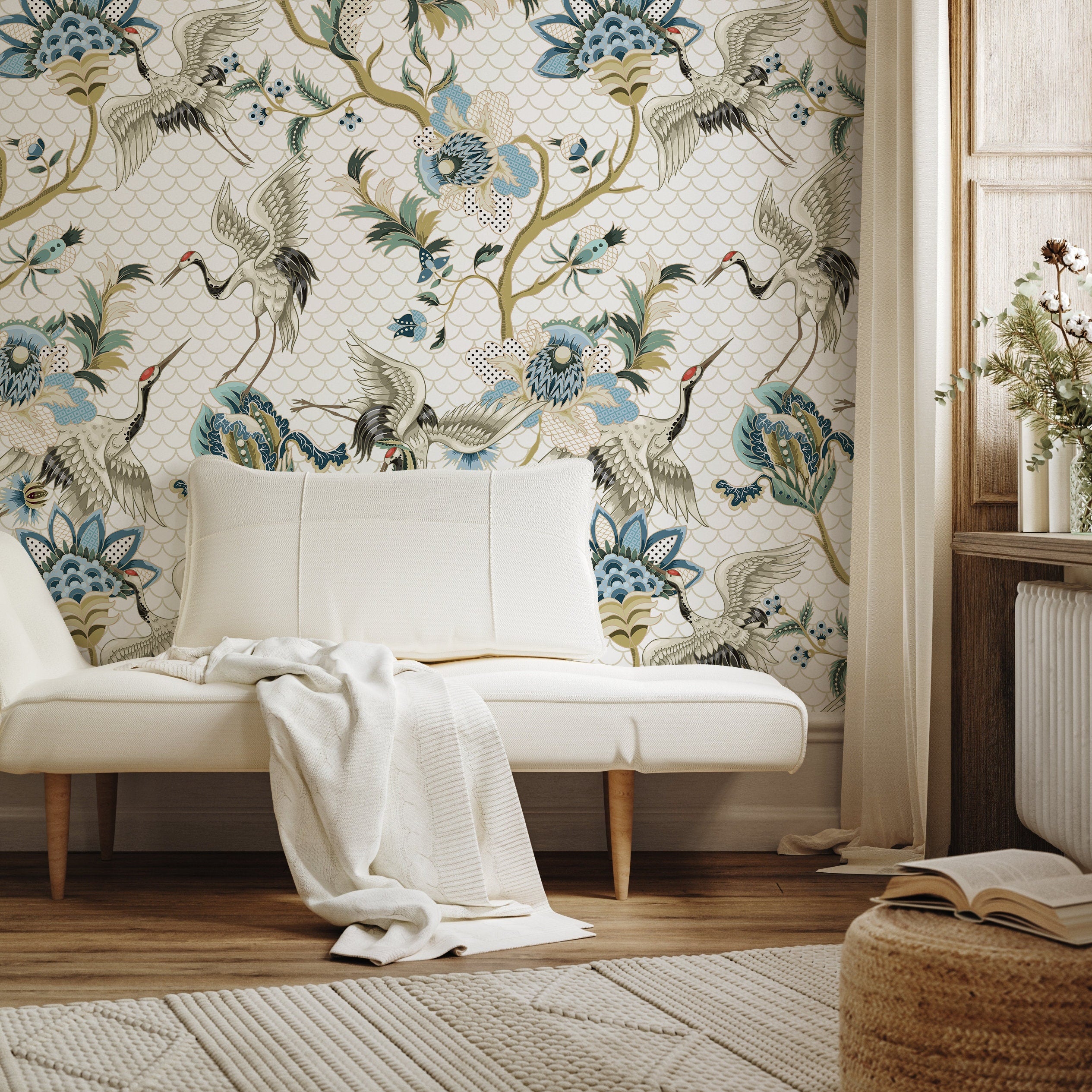 Chinoiserie Wallpaper With Elegant Cranes In Blue, Green, And Beige - A908