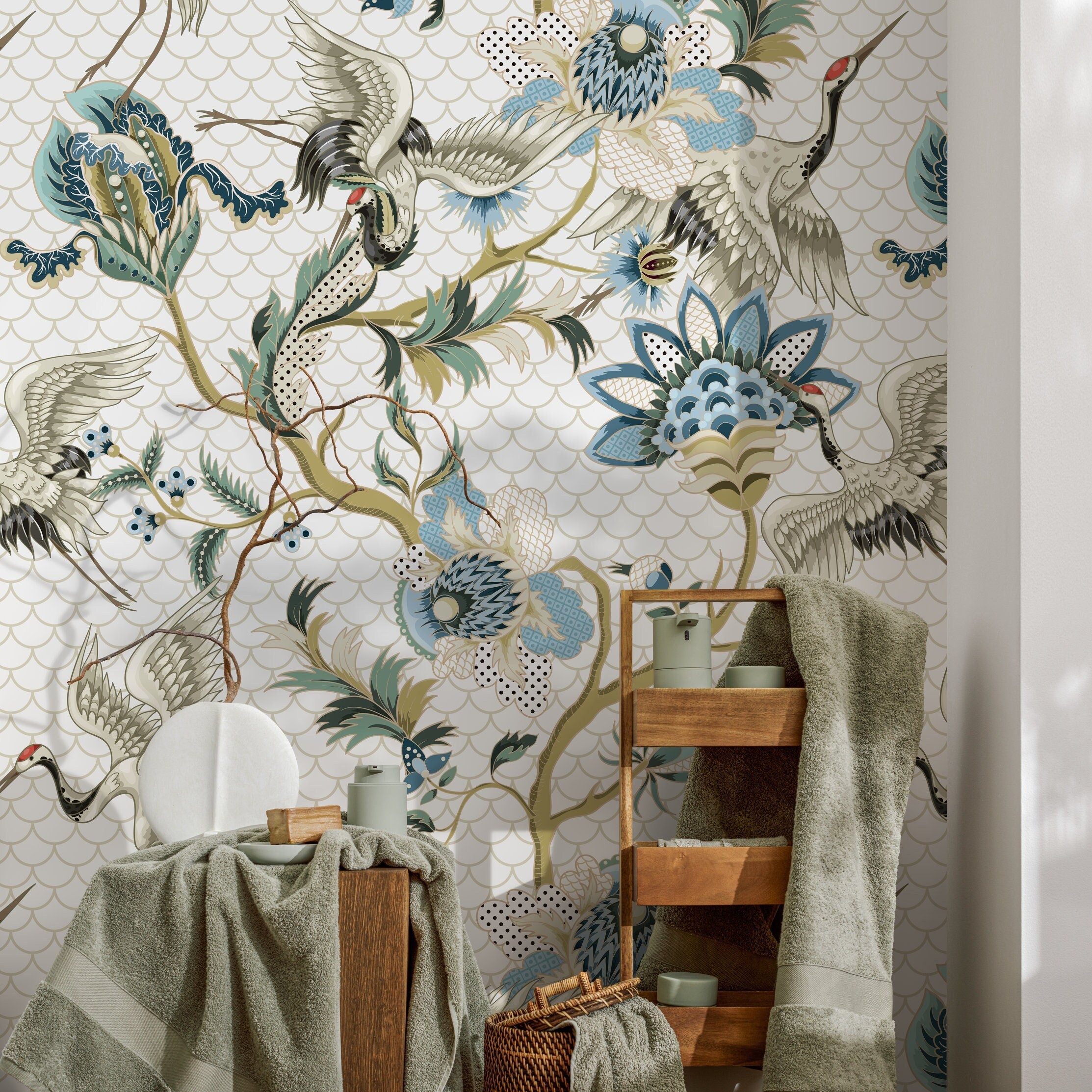 Chinoiserie Wallpaper With Elegant Cranes In Blue, Green, And Beige - A908