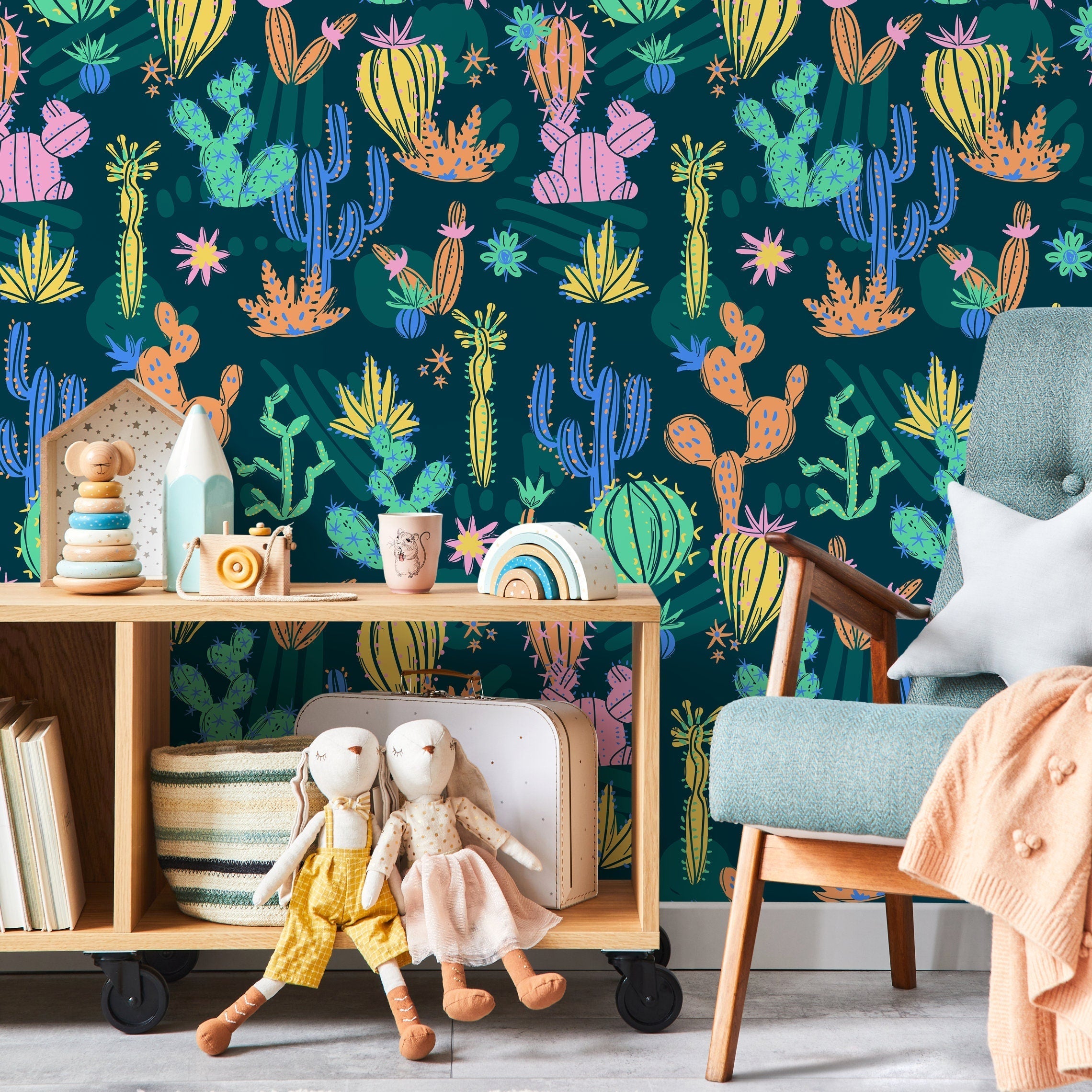 Cactus Wallpaper With Illustrated Desert Plants In Pink, Yellow, And Blue - A910