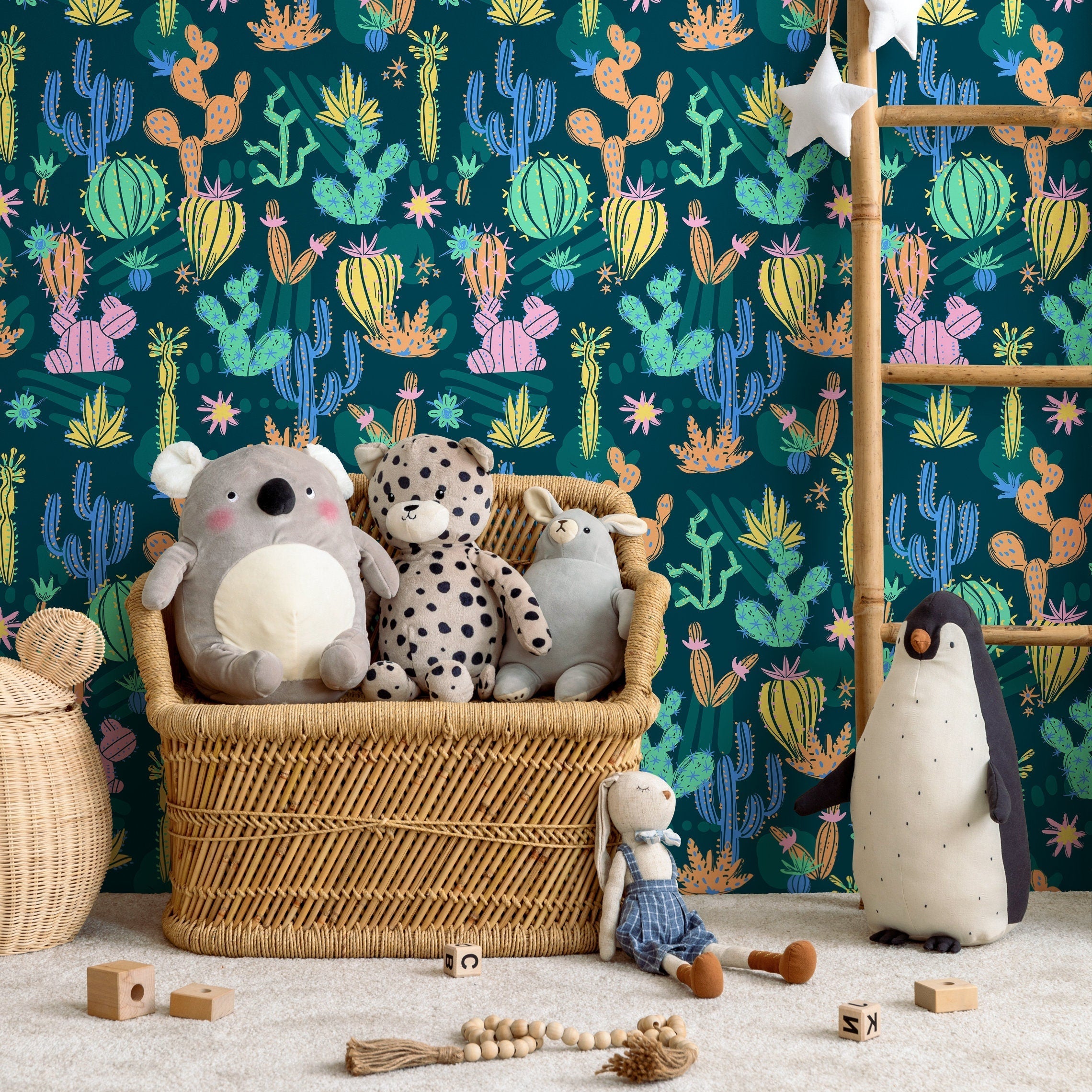 Cactus Wallpaper With Illustrated Desert Plants In Pink, Yellow, And Blue - A910