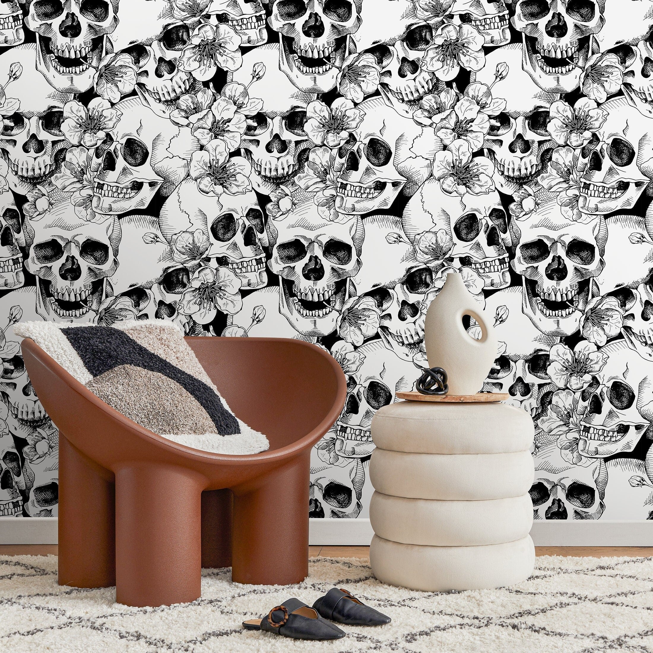 Gothic Wallpaper With Skulls And Blossoms In Black And White - A112