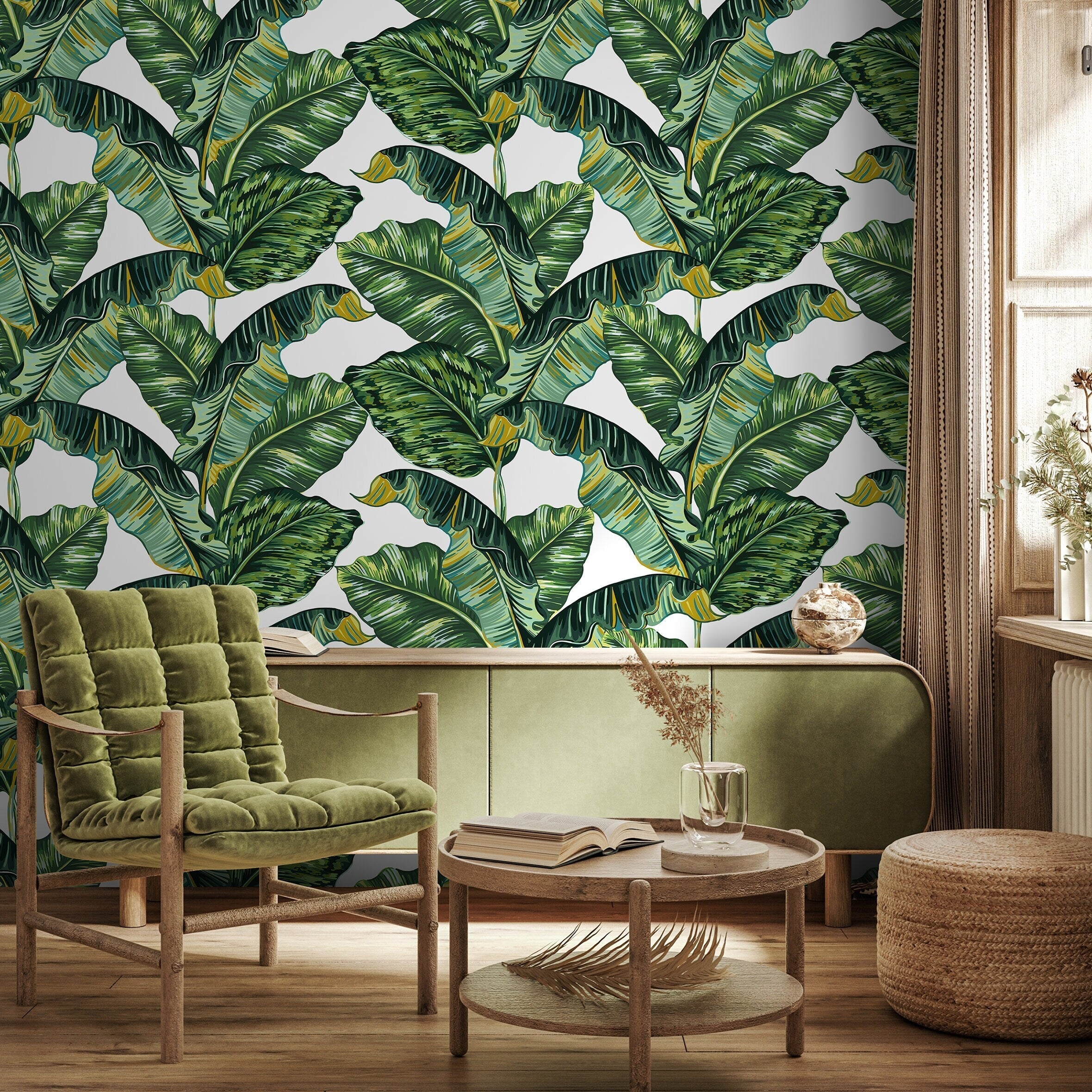 Botanical Wallpaper With A Lush Banana Leaf Motif In Green And Yellow - A276