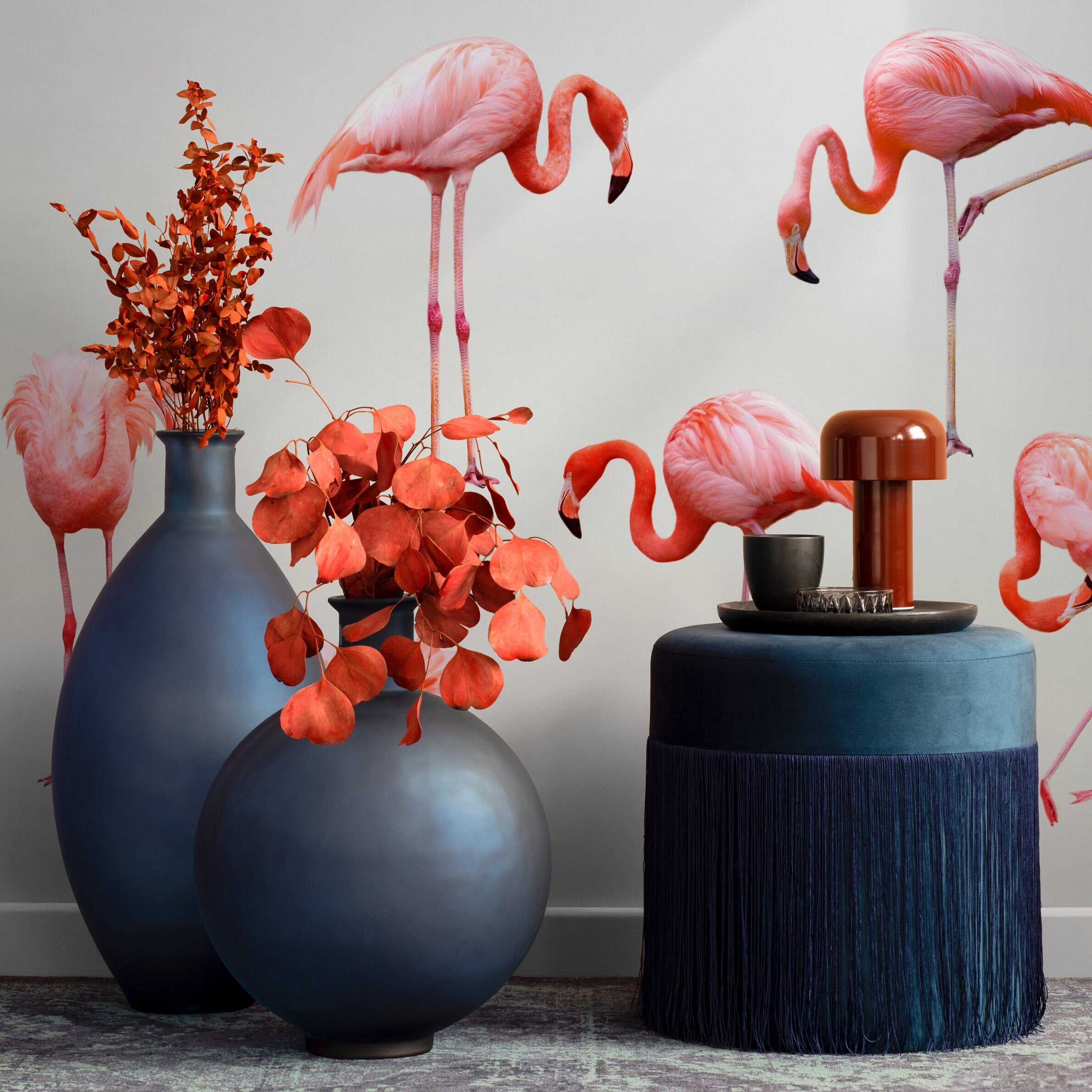 Bird Wallpaper With A Tropical Flamingo Motif In Pink And Coral - D987