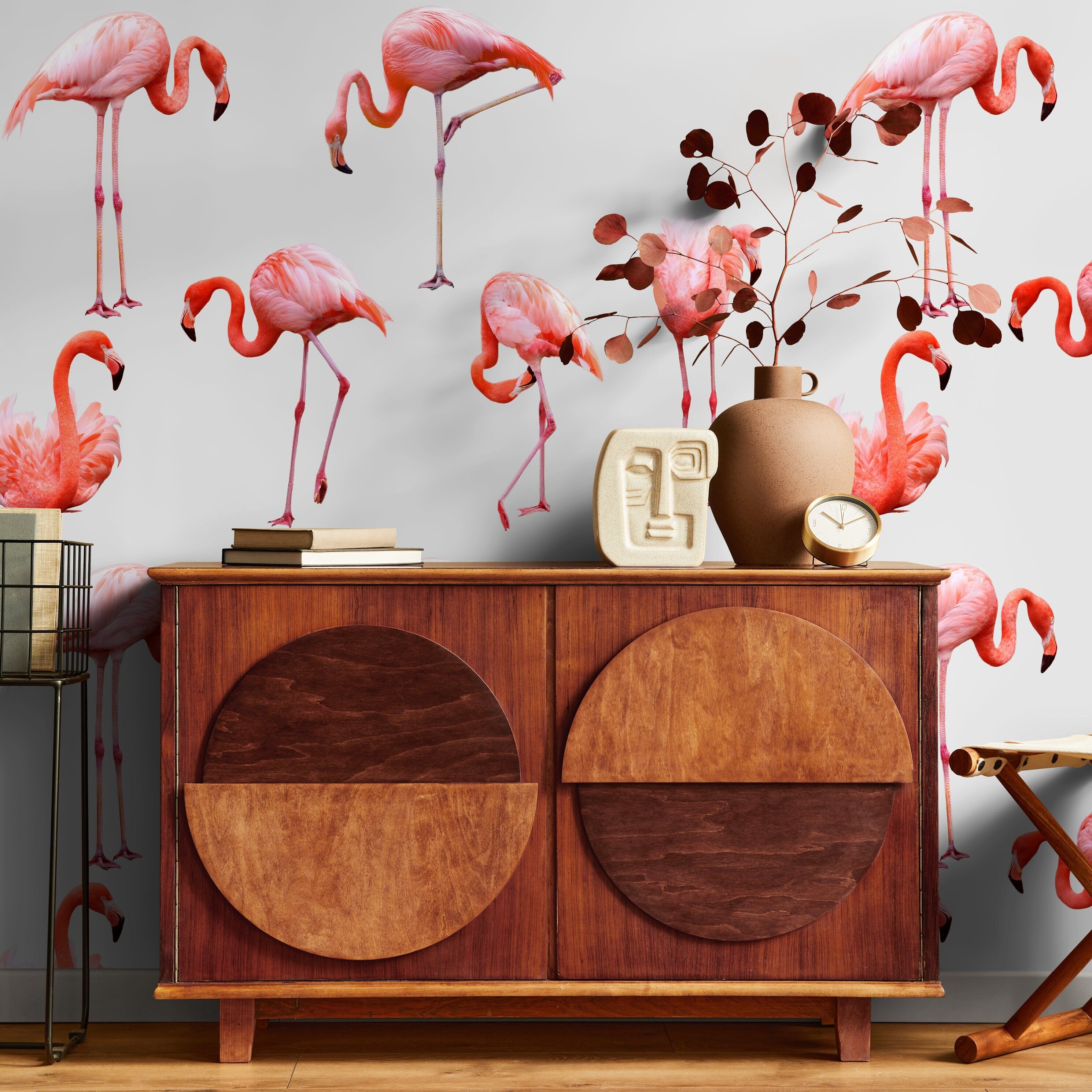Bird Wallpaper With A Tropical Flamingo Motif In Pink And Coral - D987