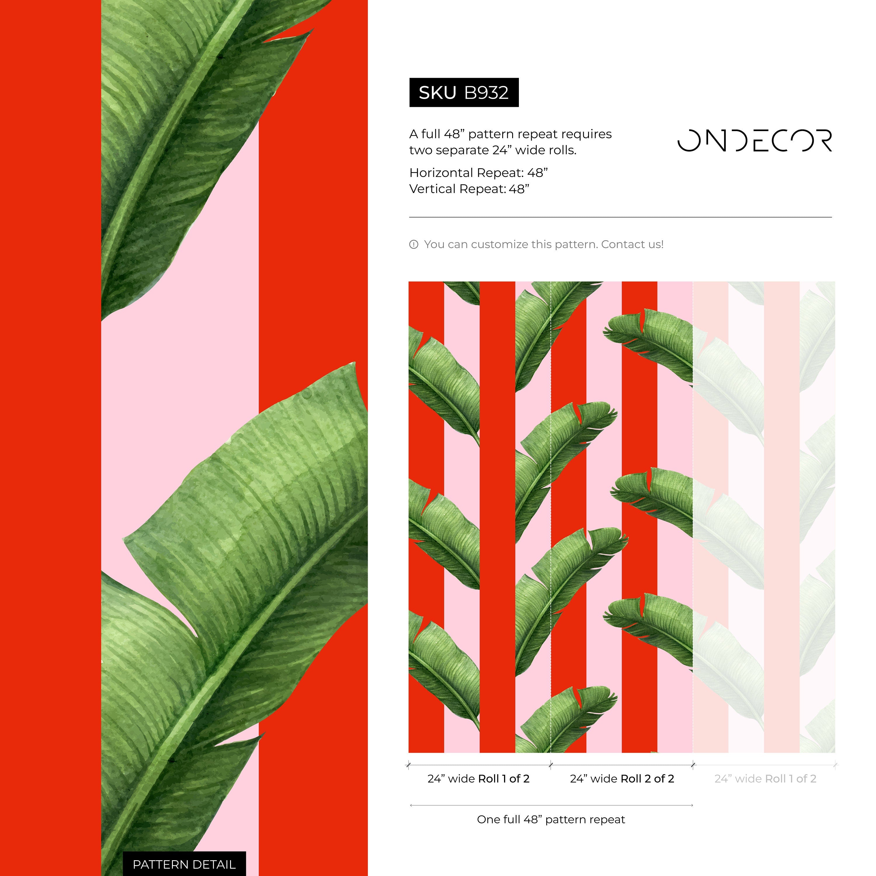 Tropical Wallpaper With Bold Stripes And Banana Leaves In Red, Pink, And Green - As2-b932