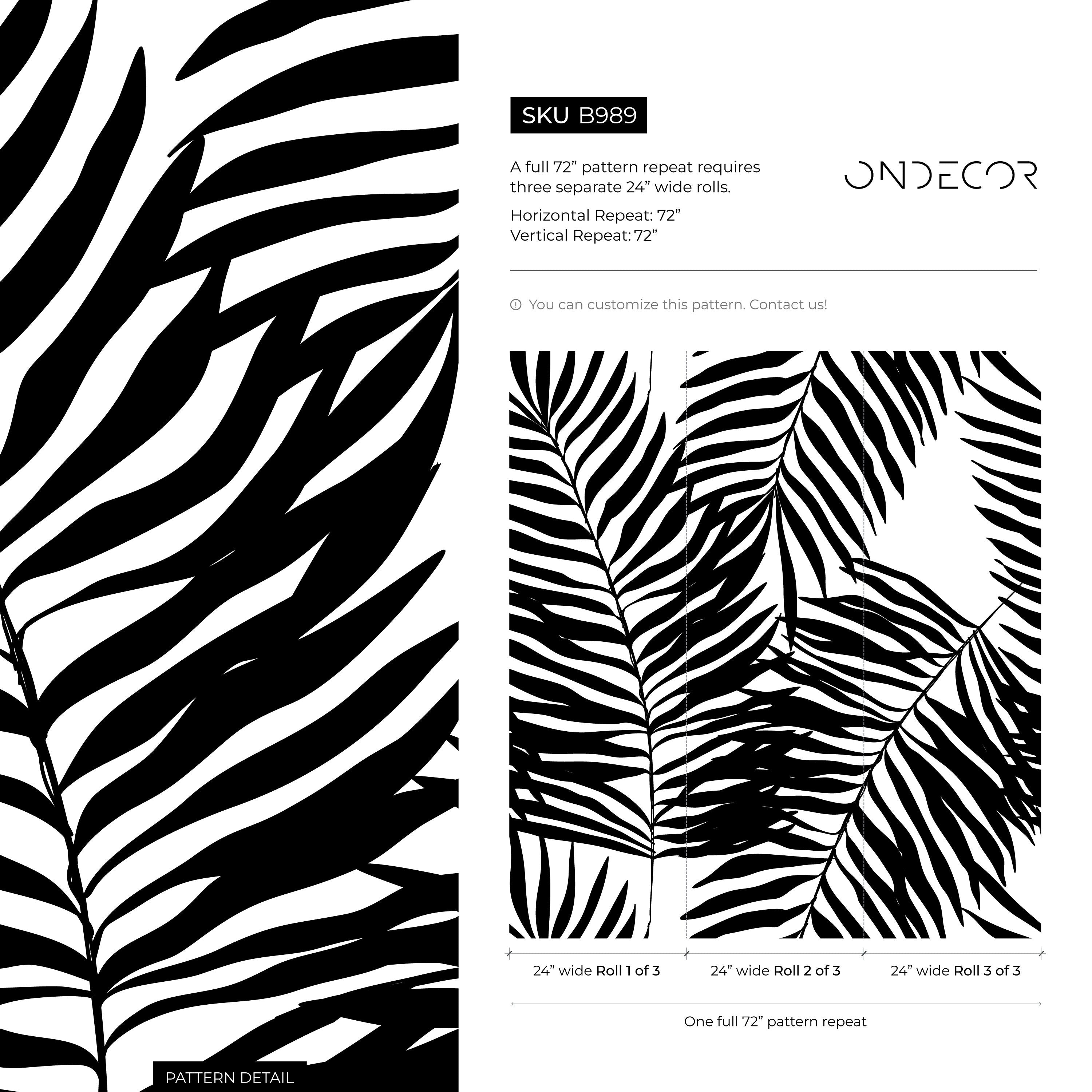 Botanical Wallpaper With Bold Palm Fronds In Black And White - B989