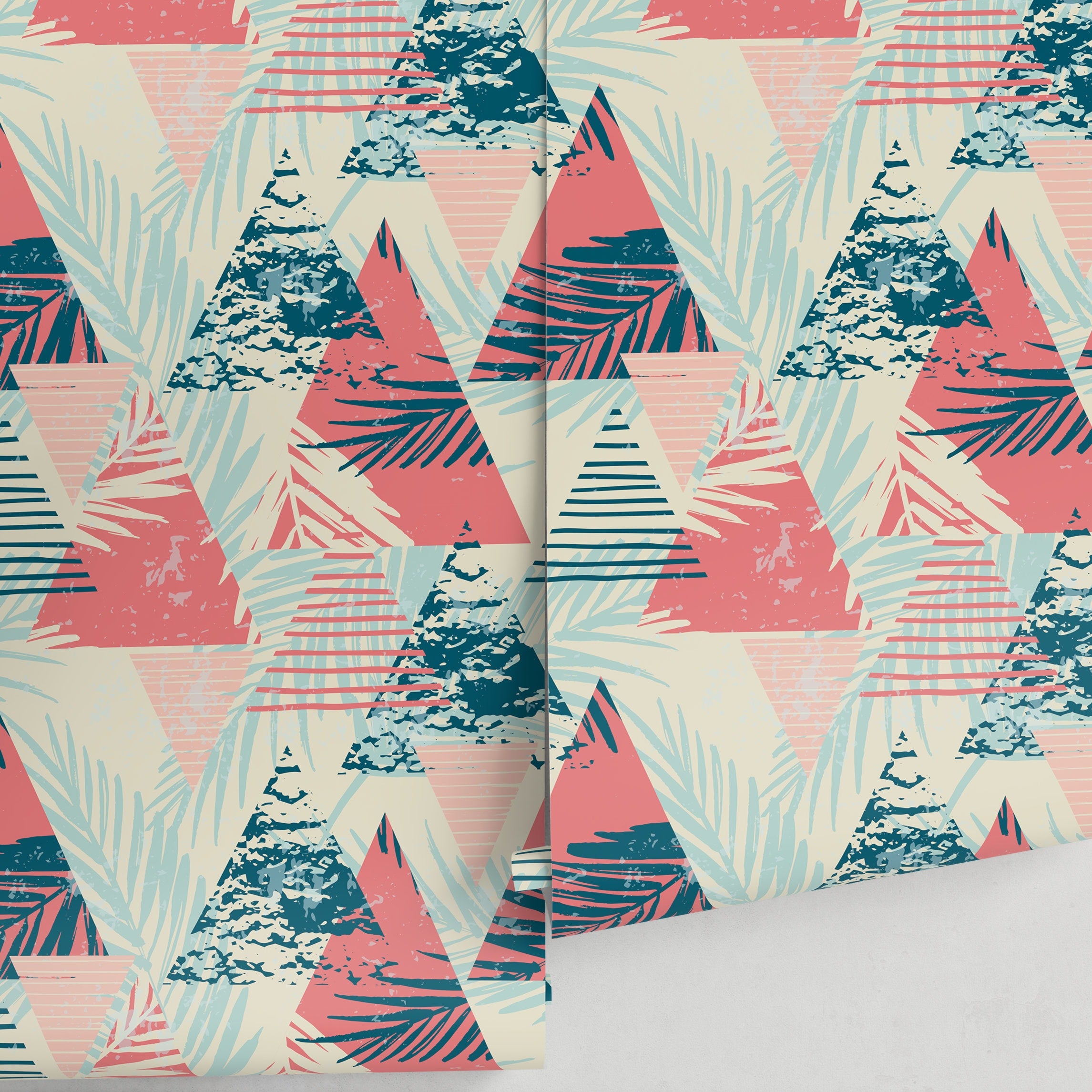 Abstract Wallpaper With A Tropical And Geometric Motif In Coral And Teal - A074