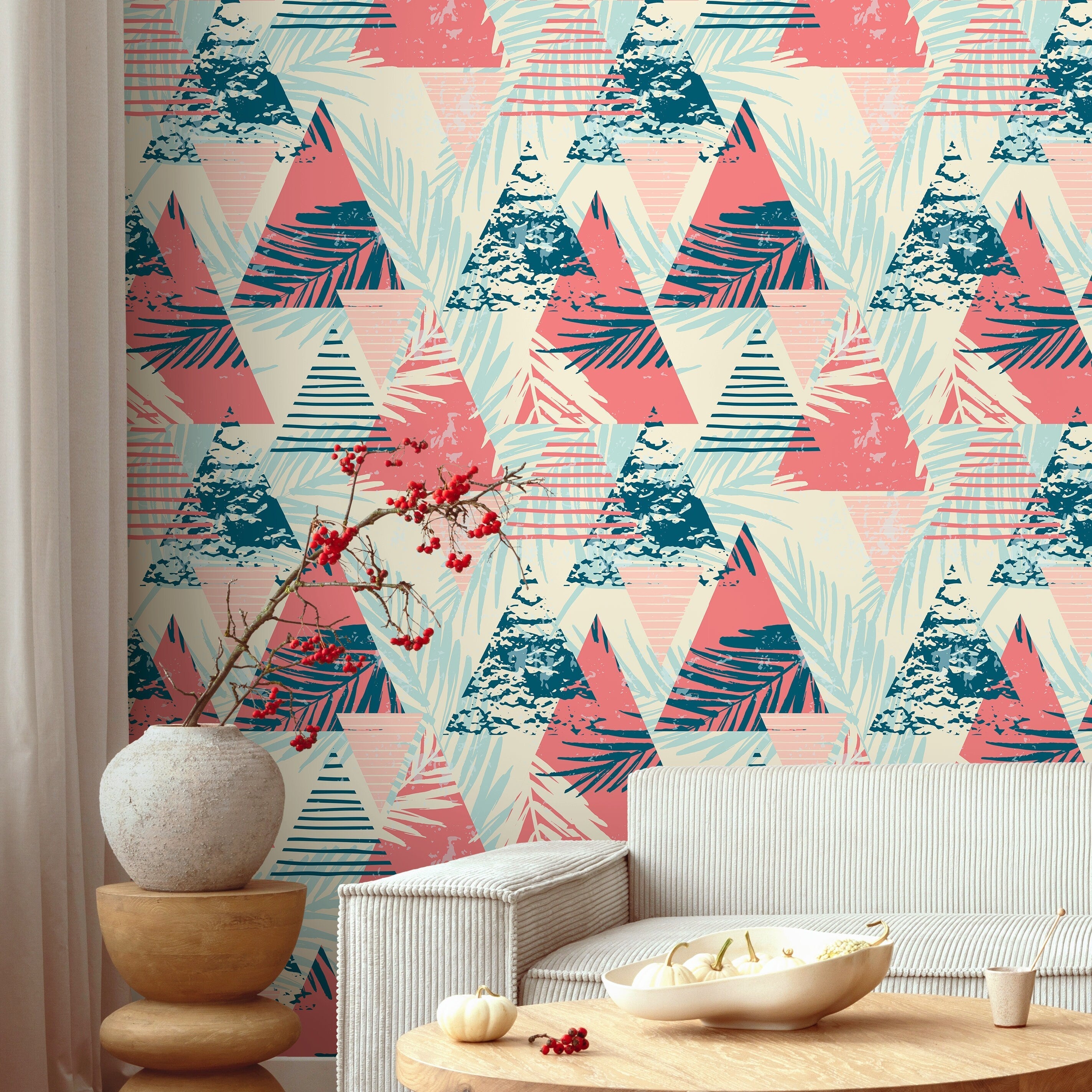 Abstract Wallpaper With A Tropical And Geometric Motif In Coral And Teal - A074