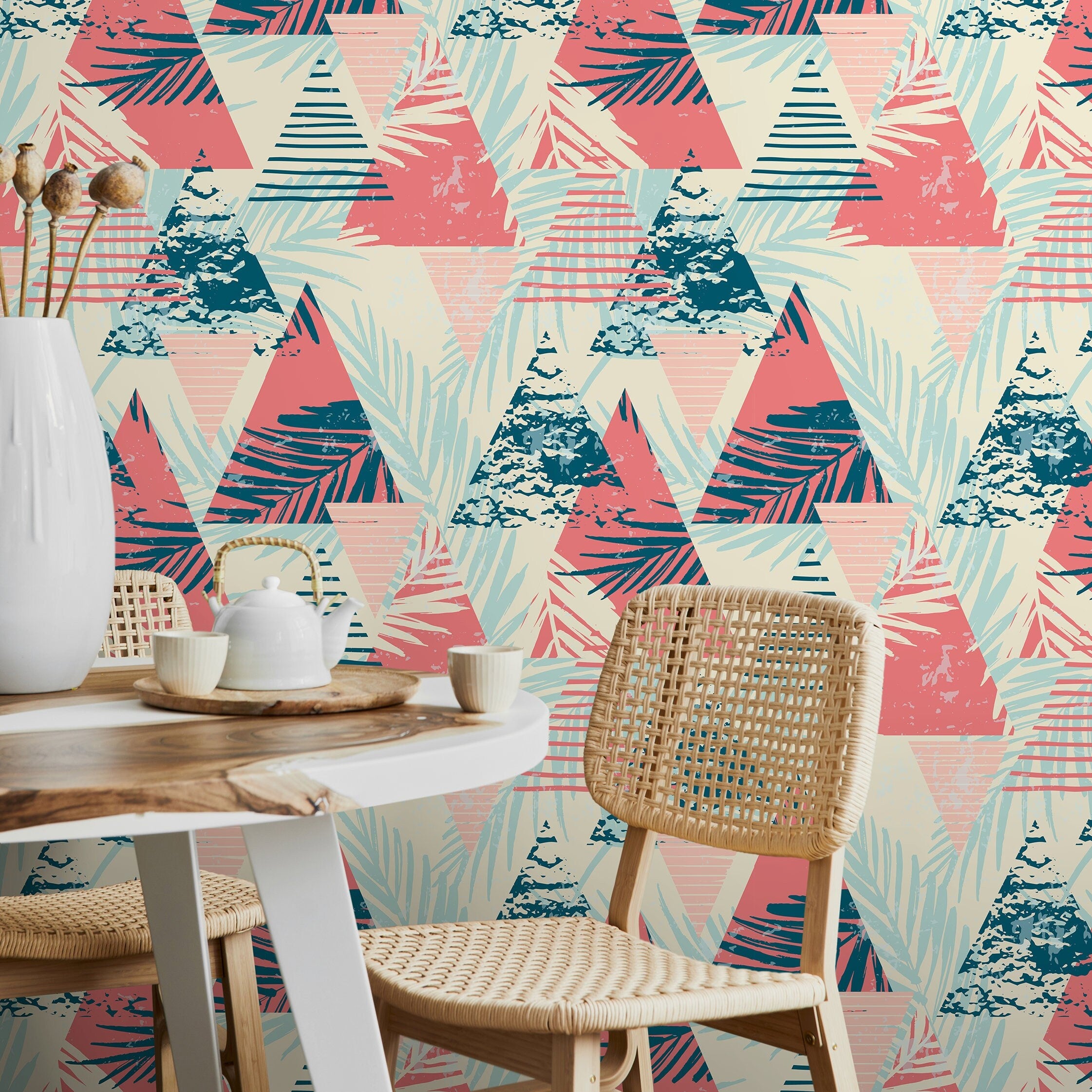 Abstract Wallpaper With A Tropical And Geometric Motif In Coral And Teal - A074