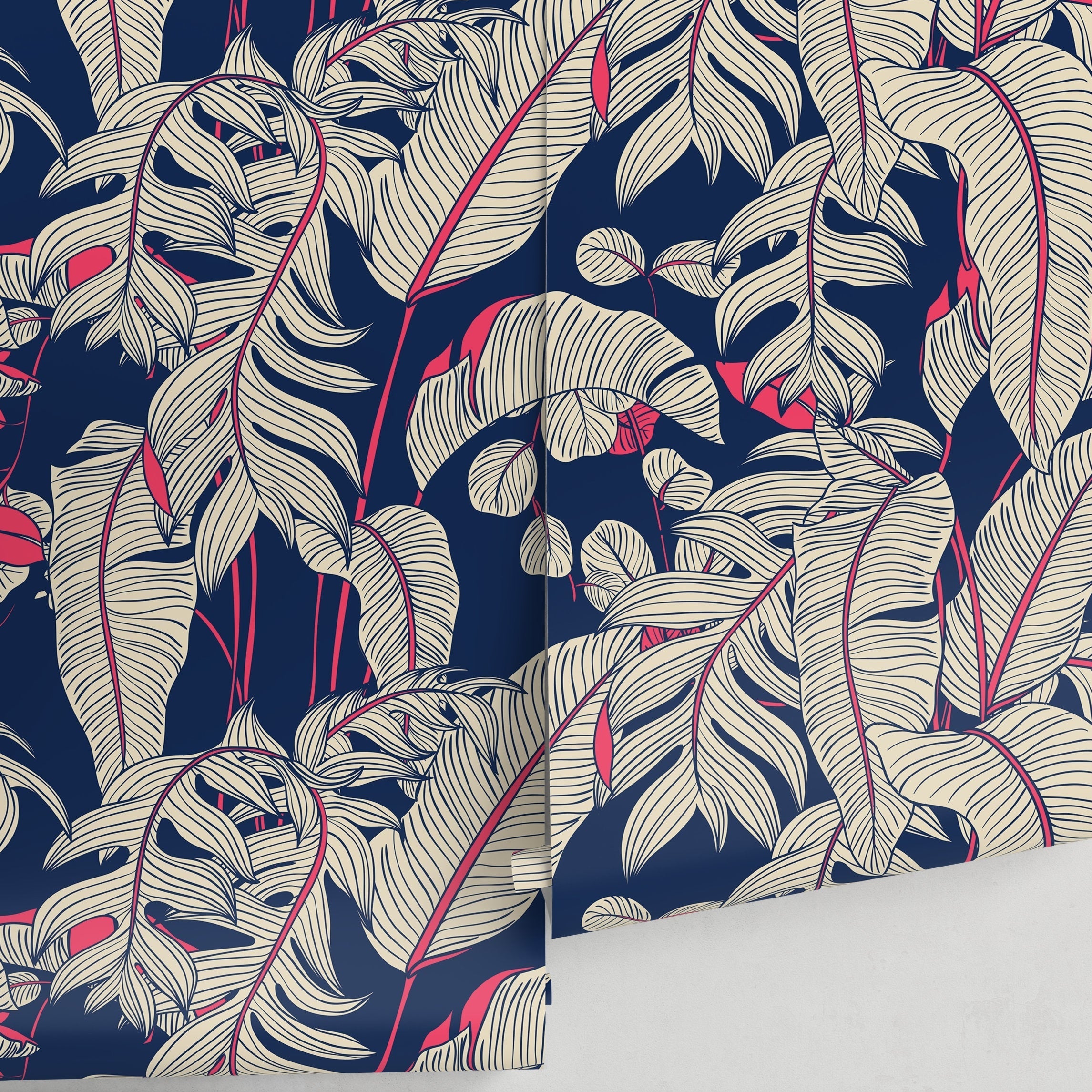 Tropical Wallpaper With Stylized Banana Leaves In Navy Blue, Beige, And Red - A023