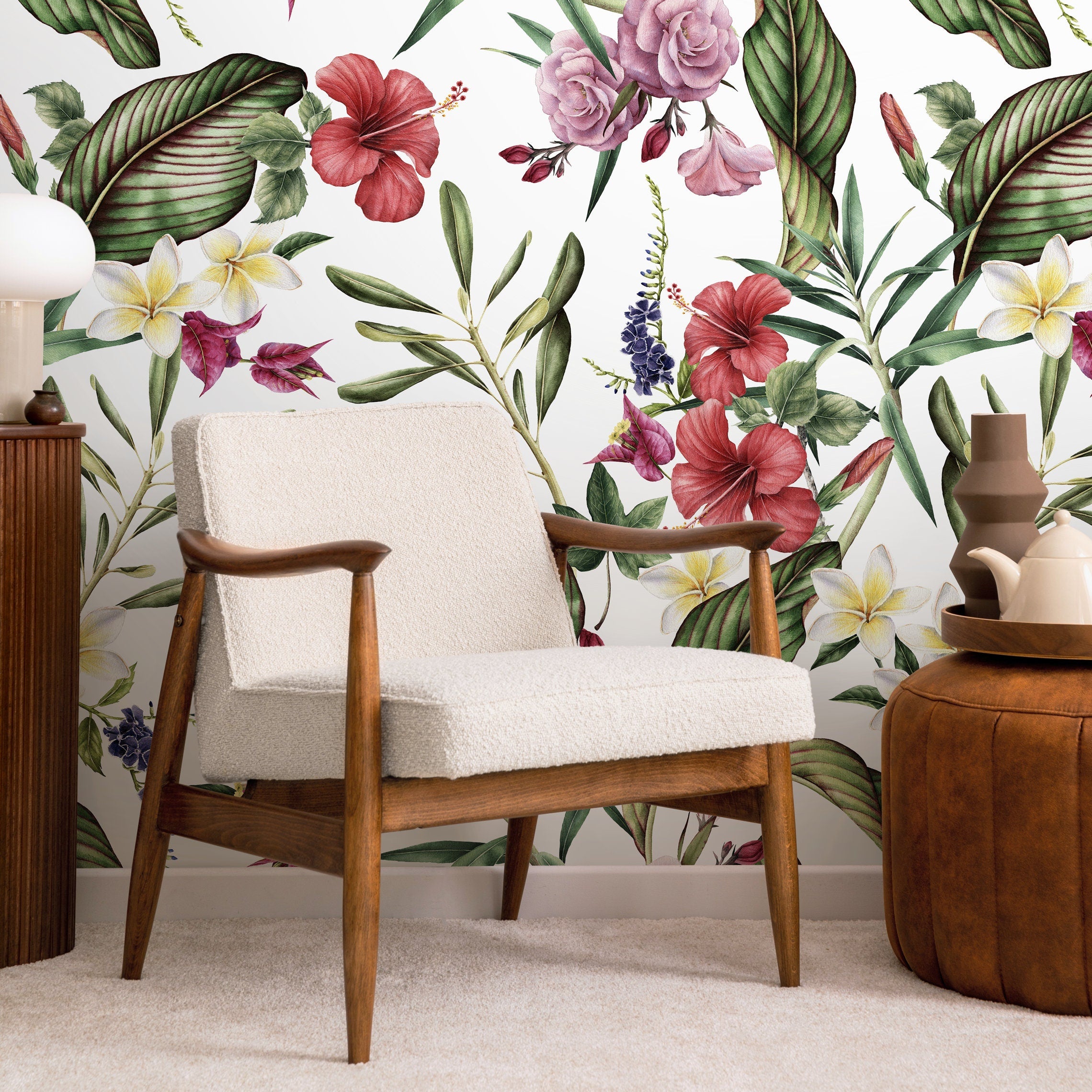 Botanical Wallpaper With Tropical Hibiscus And Plumeria In Red, Pink, And Green - A203