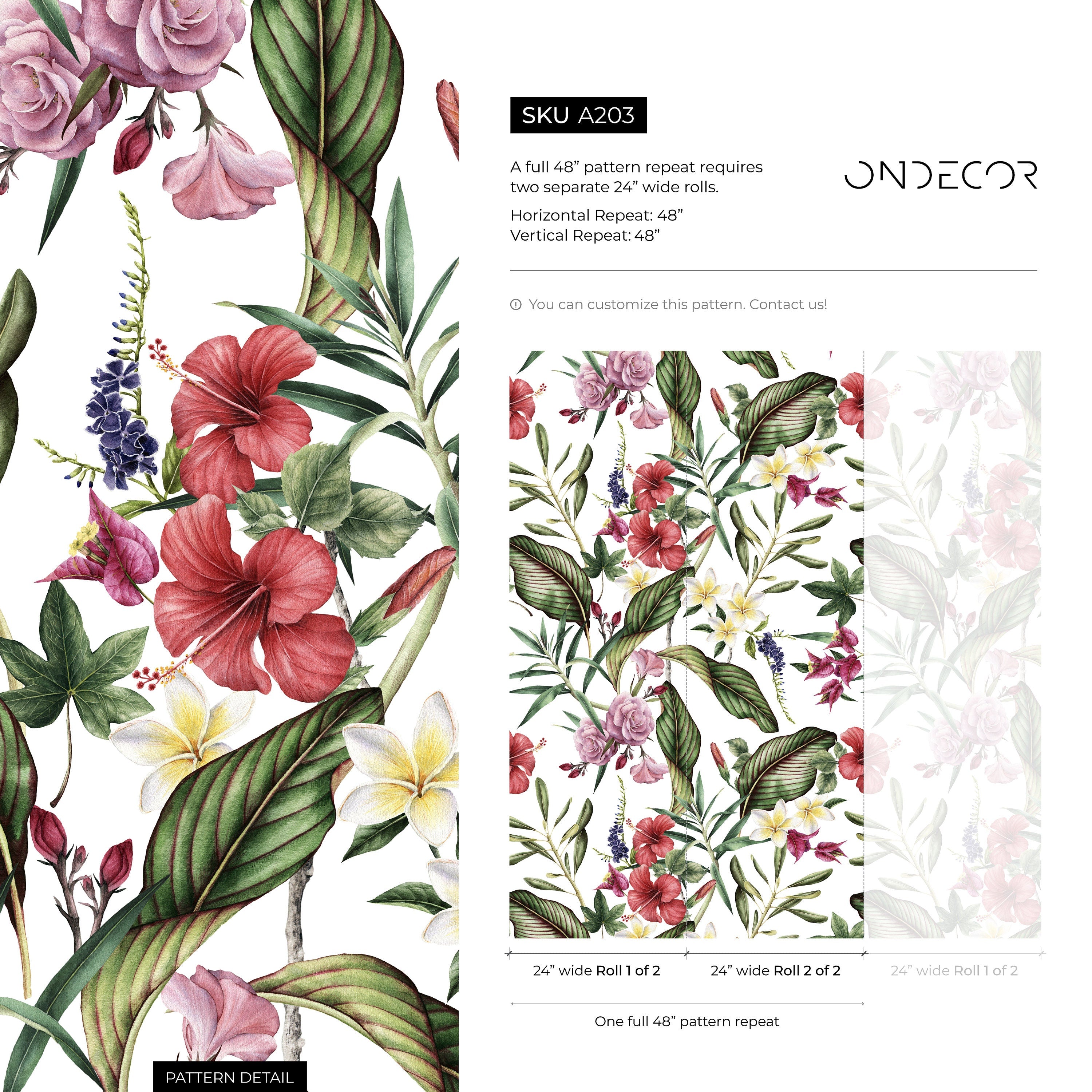 Botanical Wallpaper With Tropical Hibiscus And Plumeria In Red, Pink, And Green - A203