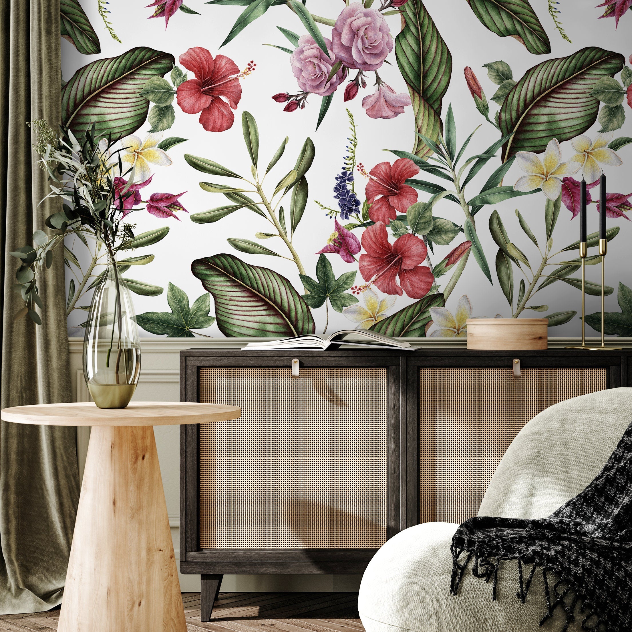 Botanical Wallpaper With Tropical Hibiscus And Plumeria In Red, Pink, And Green - A203