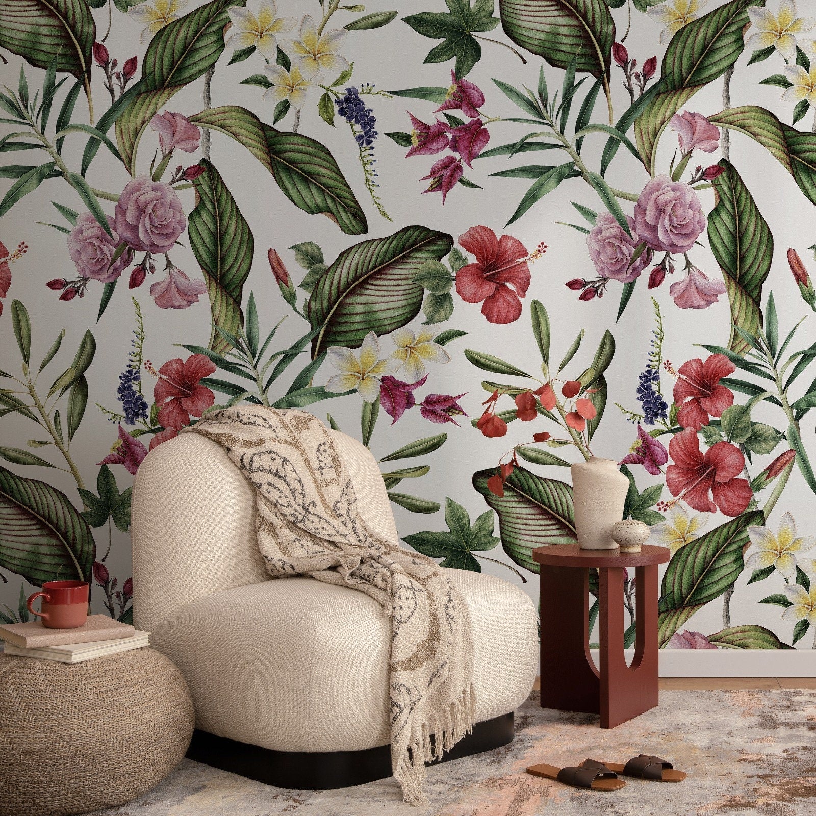 Botanical Wallpaper With Tropical Hibiscus And Plumeria In Red, Pink, And Green - A203