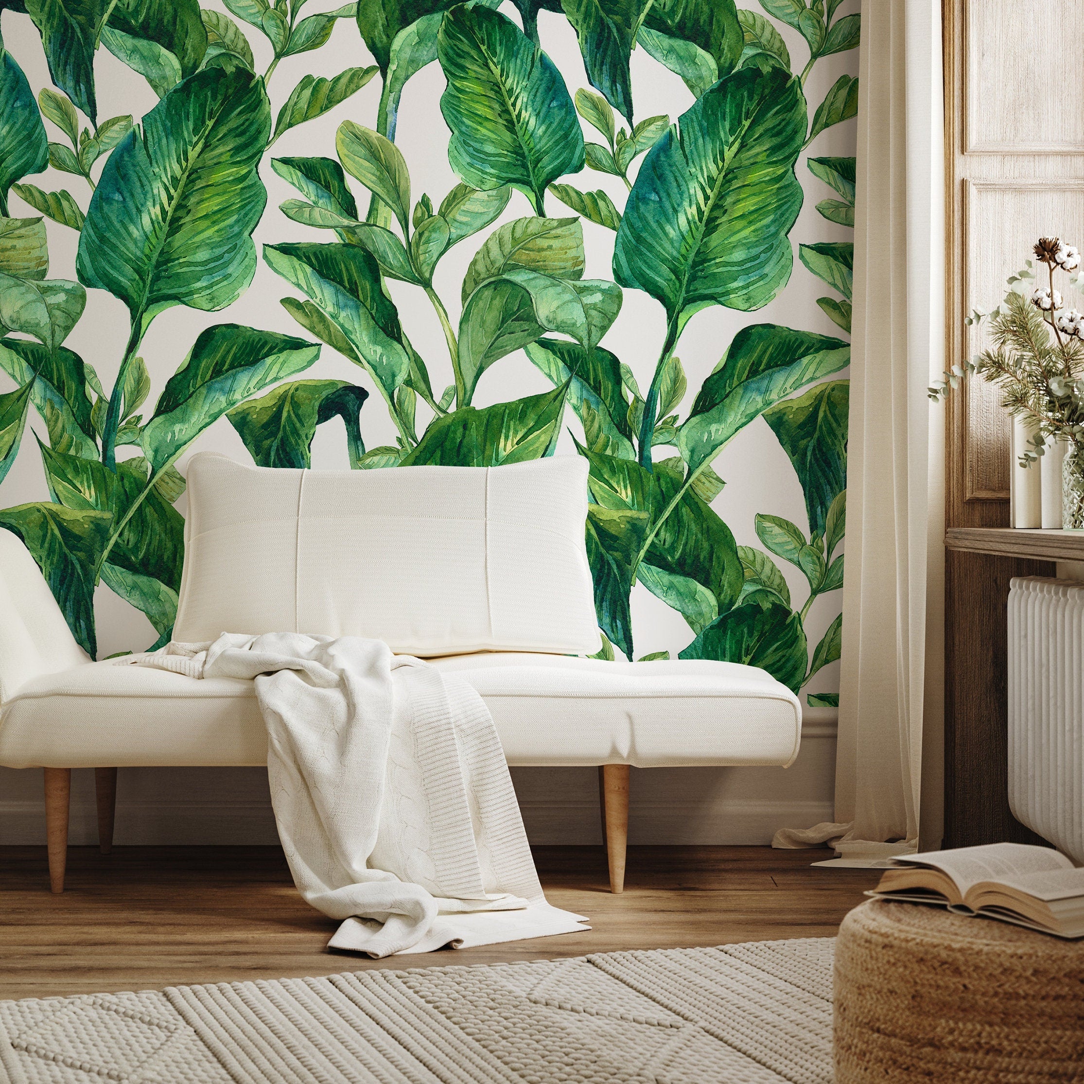 Botanical Wallpaper Featuring Watercolor Tropical Leaves In Green - A205