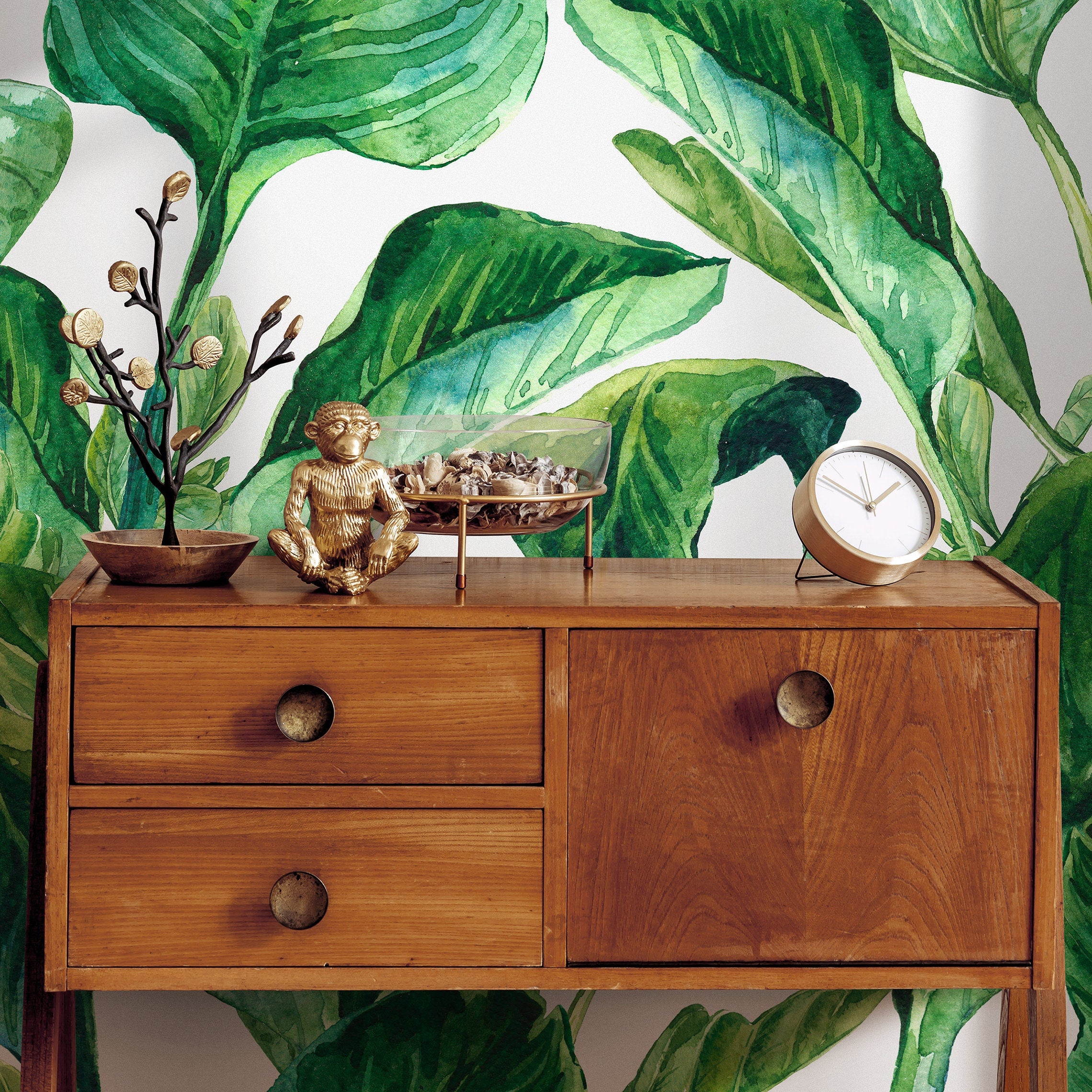 Botanical Wallpaper Featuring Watercolor Tropical Leaves In Green - A205
