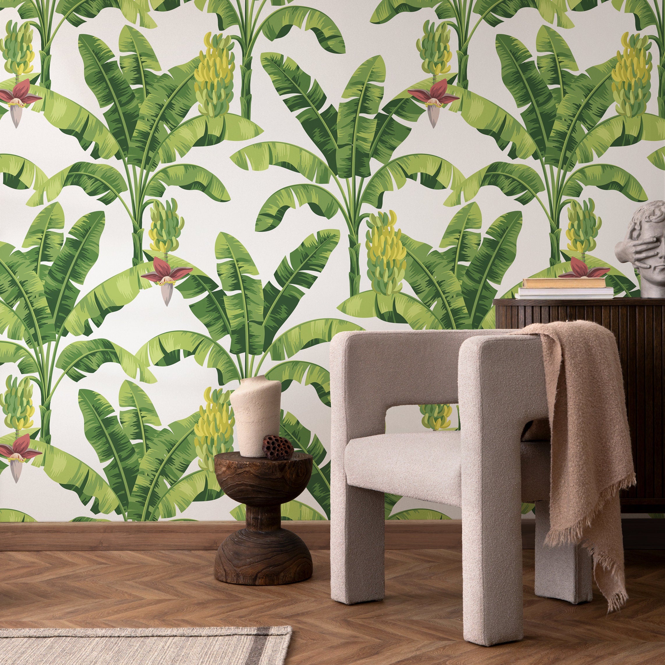 Tropical Wallpaper Featuring Banana Trees And Blossoms In Green, Yellow, And Red - A207