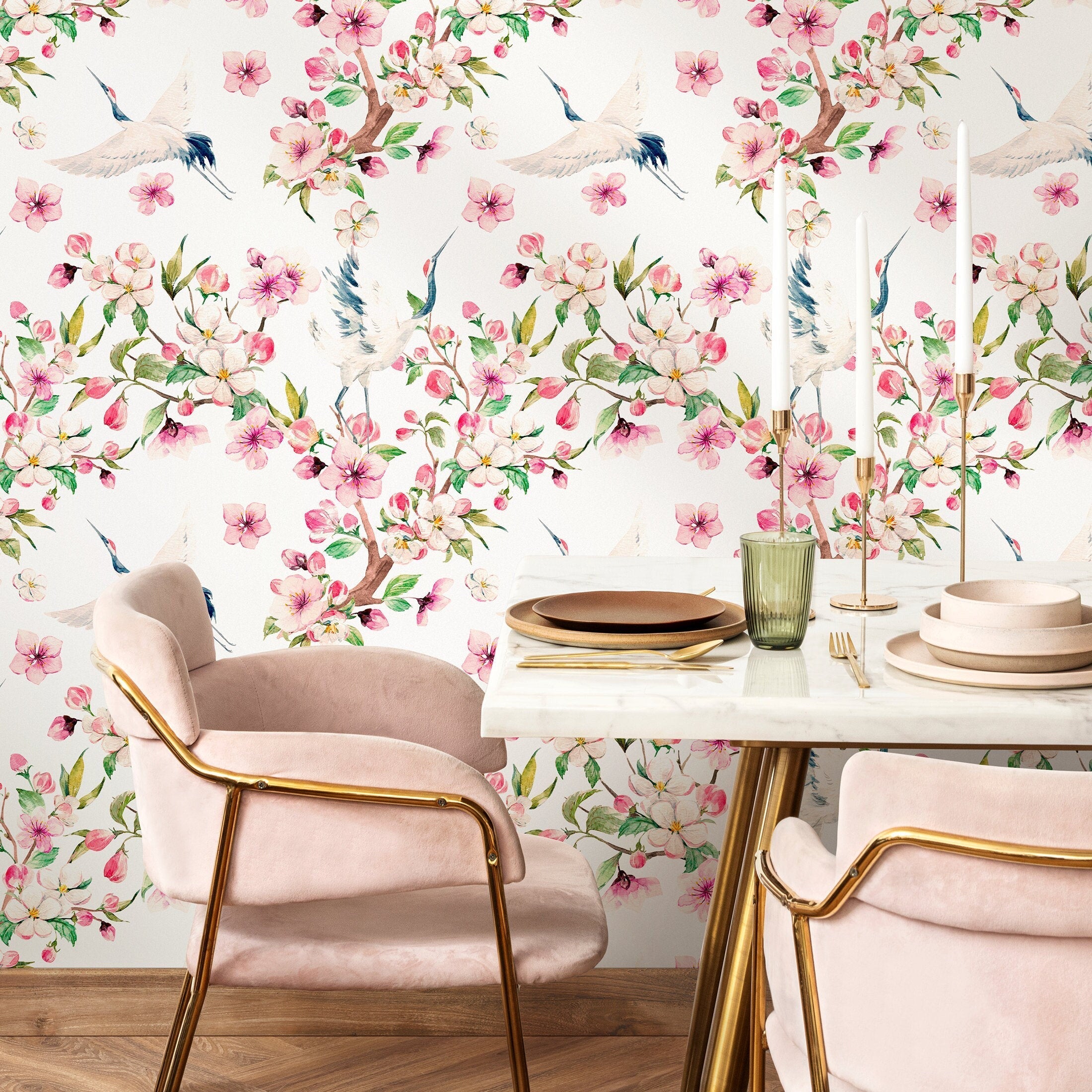 Chinoiserie Wallpaper With Cranes And Pink Blossoms - A219
