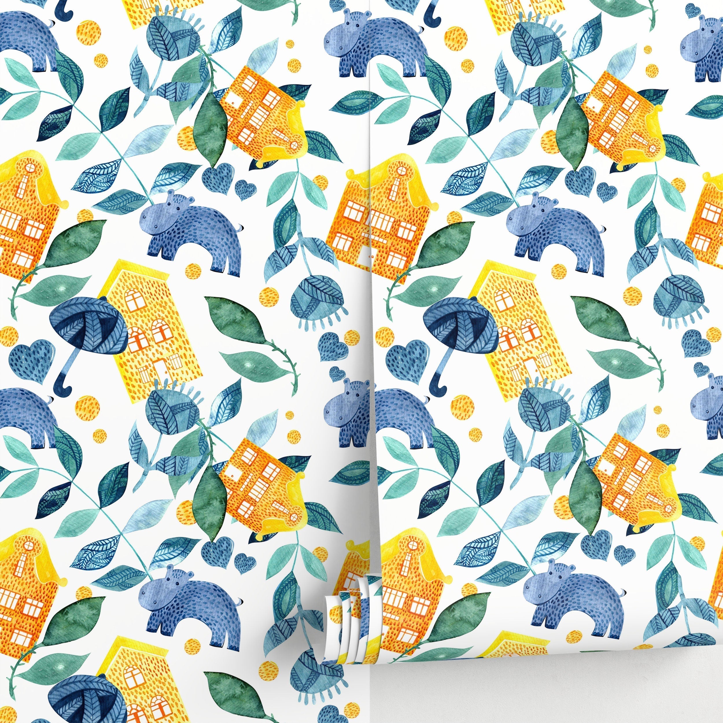Nursery Wallpaper With Watercolor Hippos And Houses In Blue, Yellow, And Green - A230