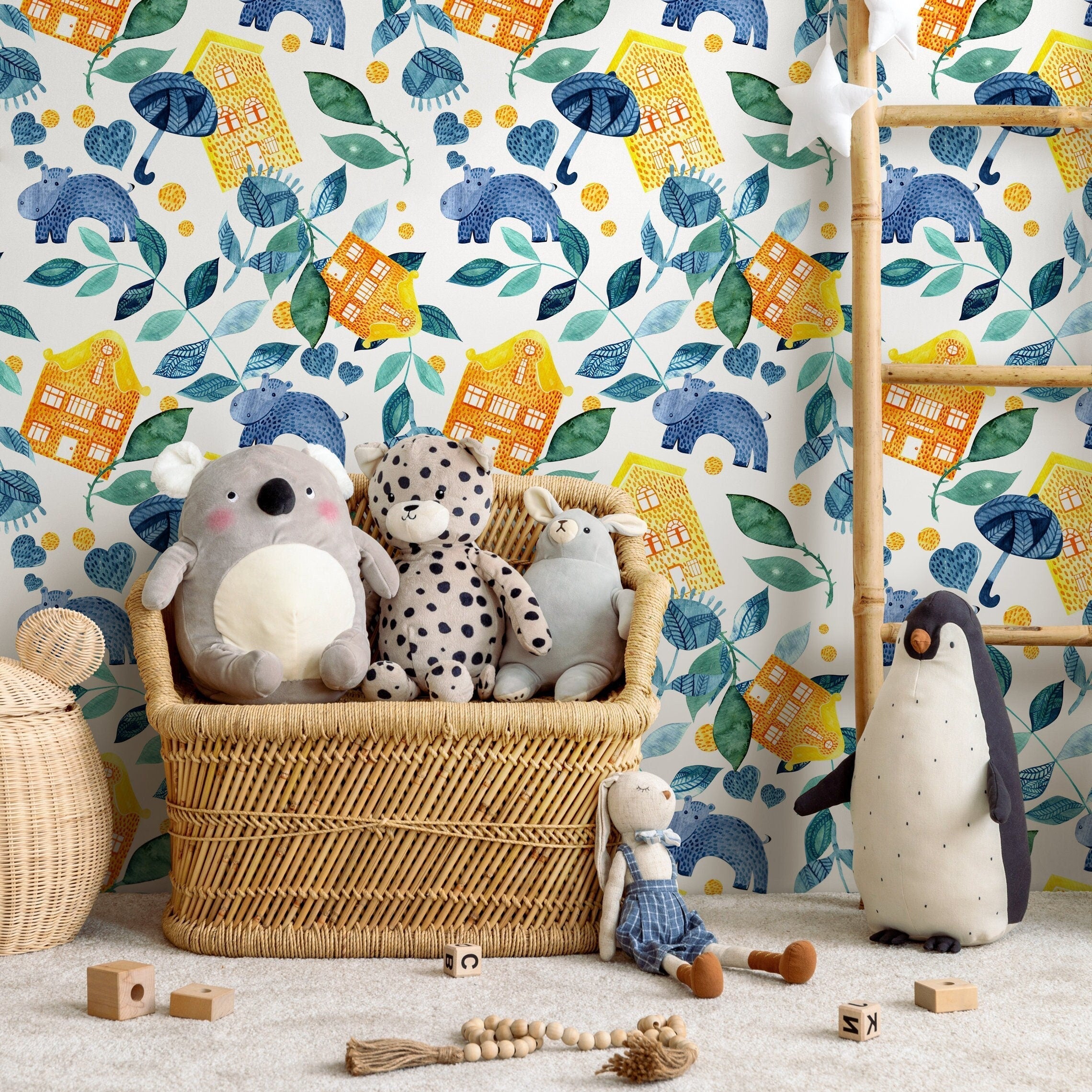 Nursery Wallpaper With Watercolor Hippos And Houses In Blue, Yellow, And Green - A230