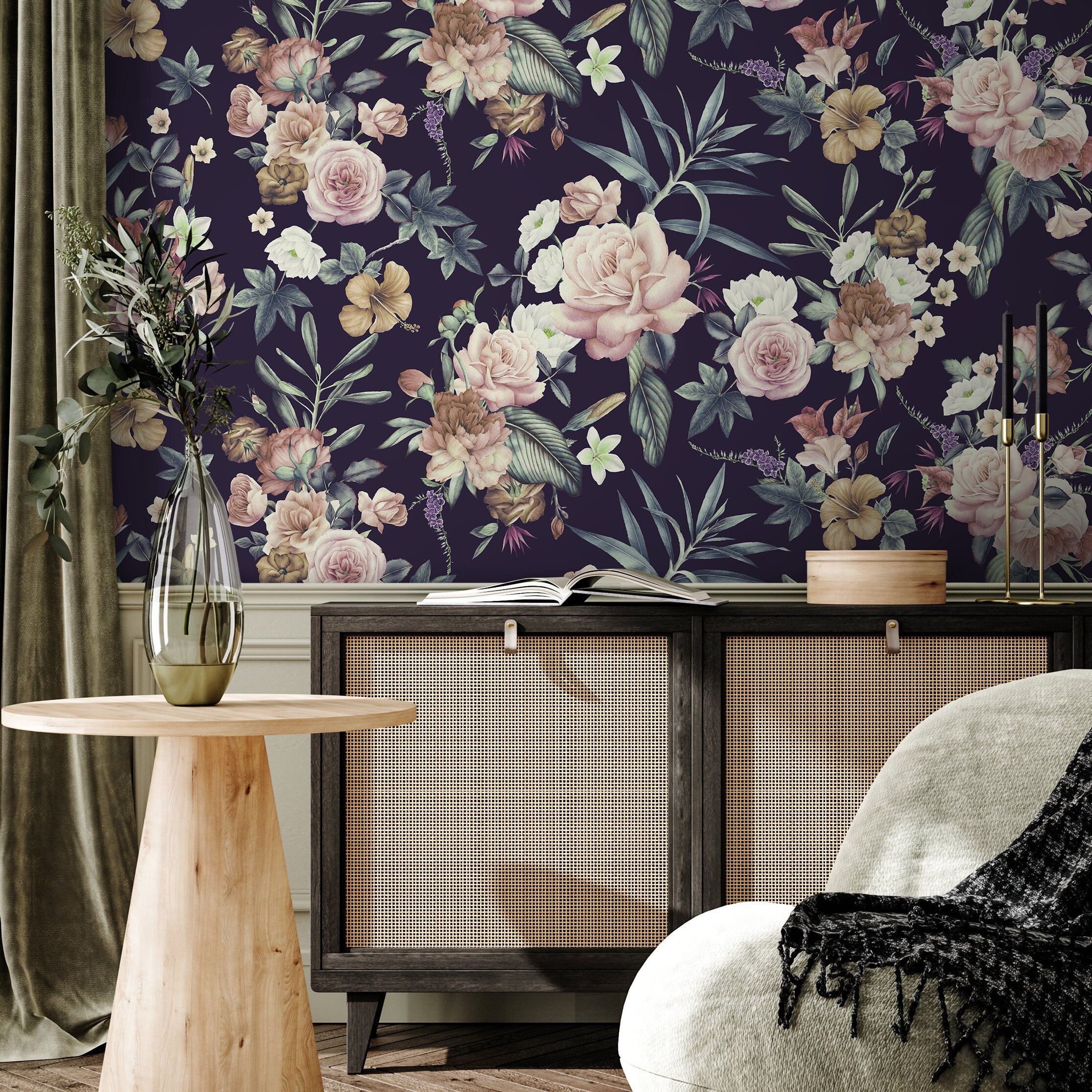 Floral Wallpaper With Vintage Roses In Pink, Green, And Dark Purple - A237