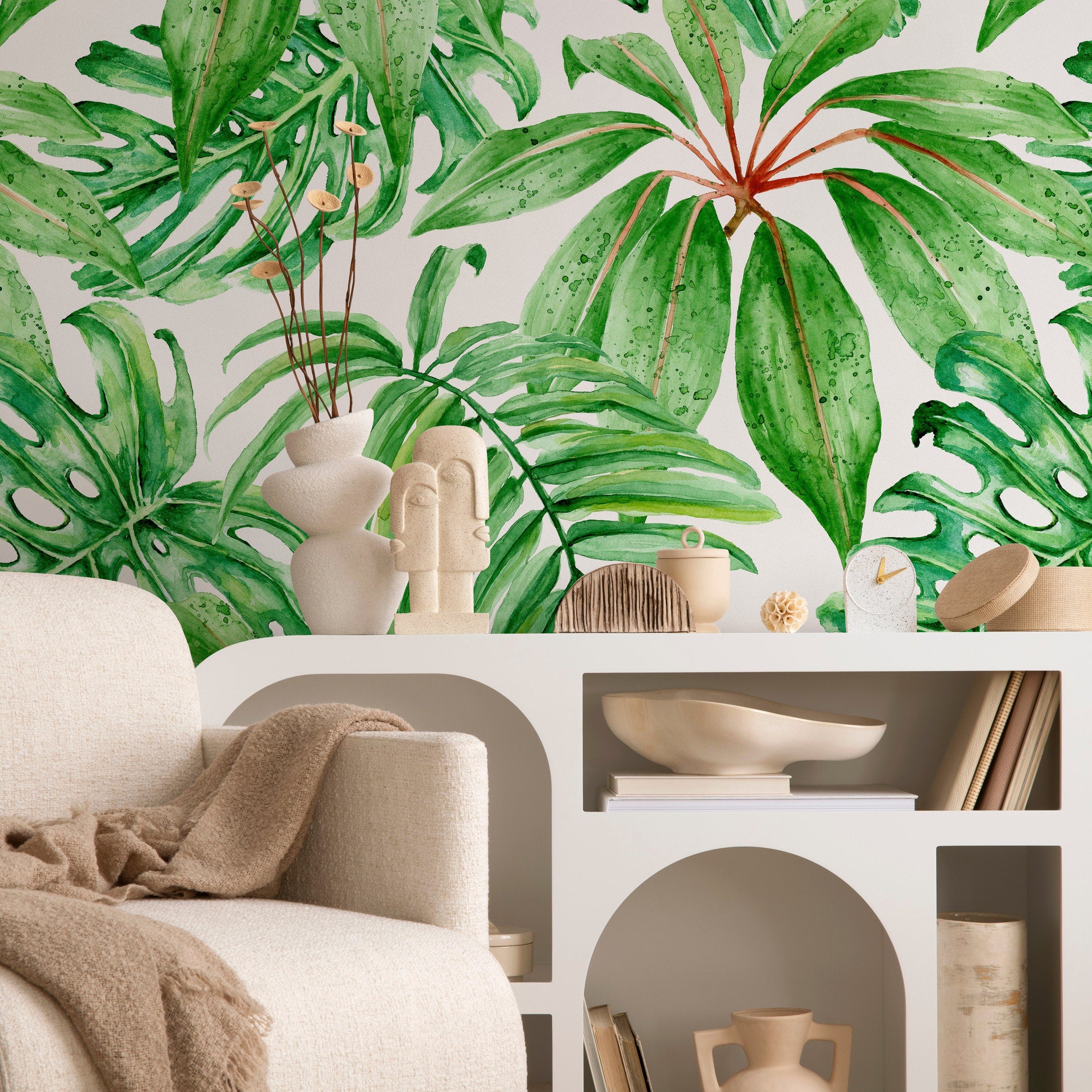 Botanical Wallpaper With Watercolor Monstera Leaves In Green And Red - A244