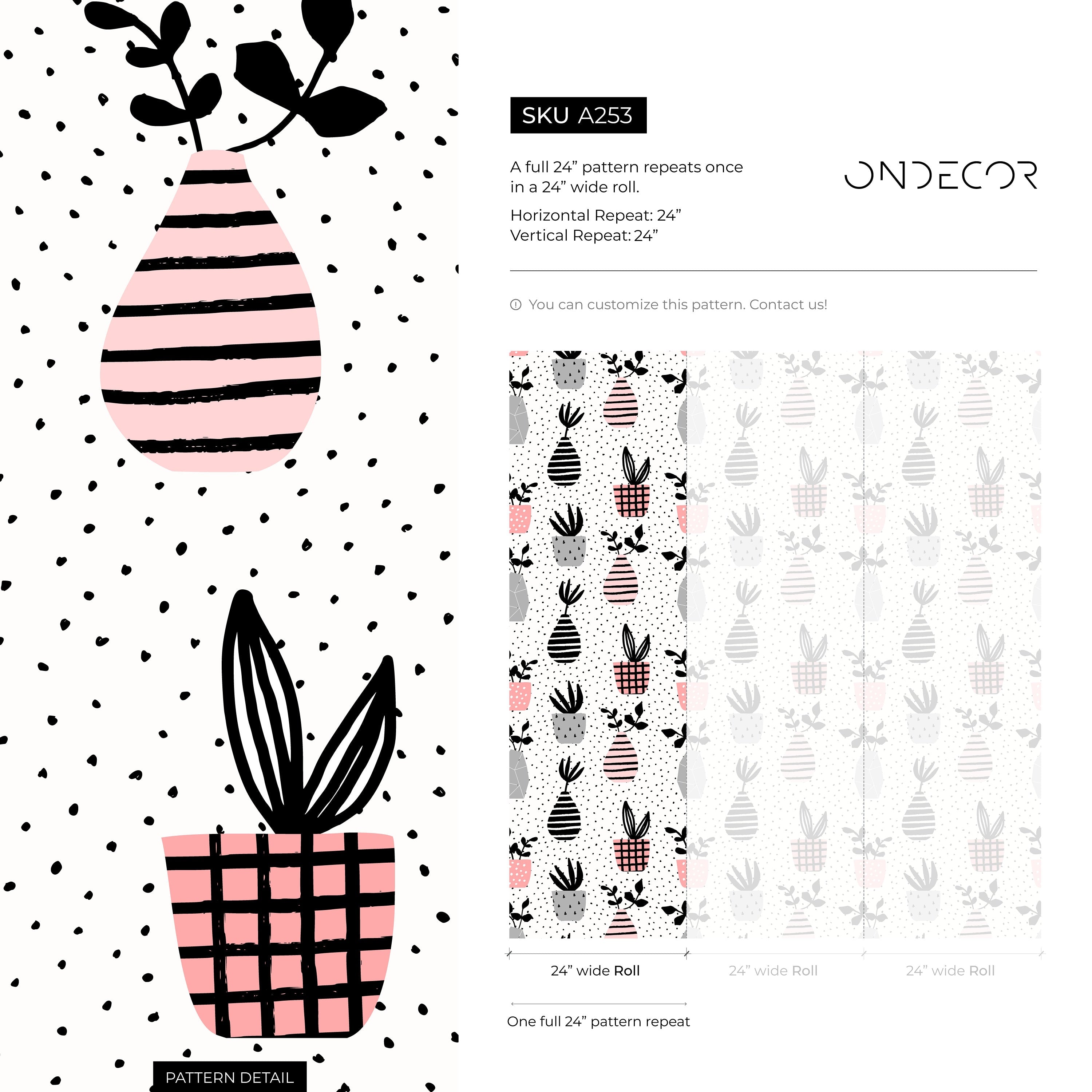 Botanical Wallpaper With Hand-drawn Potted Plants In Pink, Grey, And Black - A253