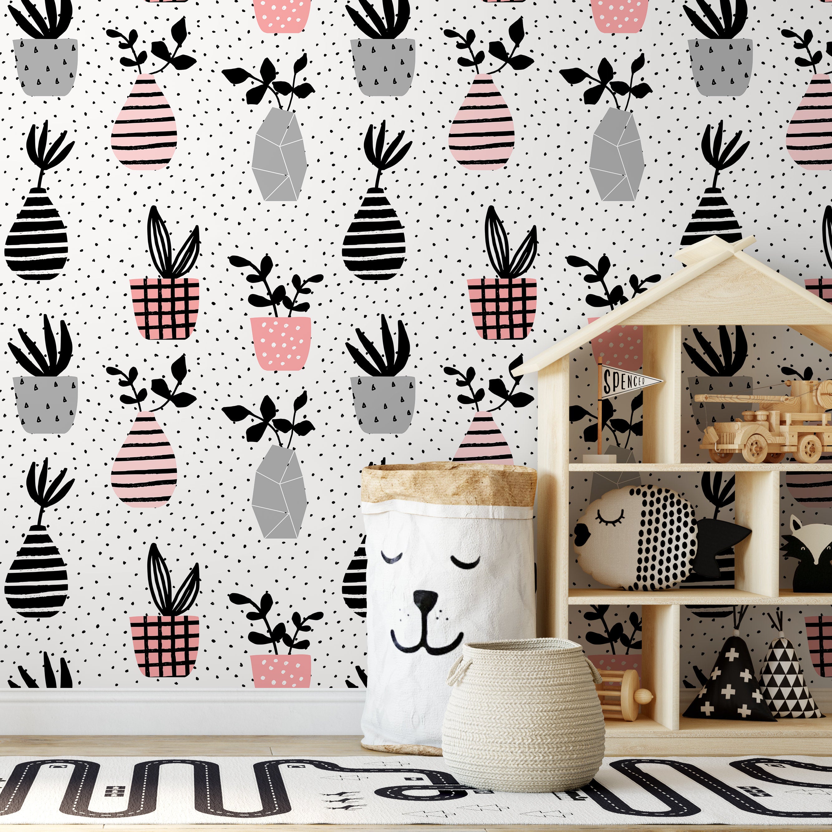 Botanical Wallpaper With Hand-drawn Potted Plants In Pink, Grey, And Black - A253