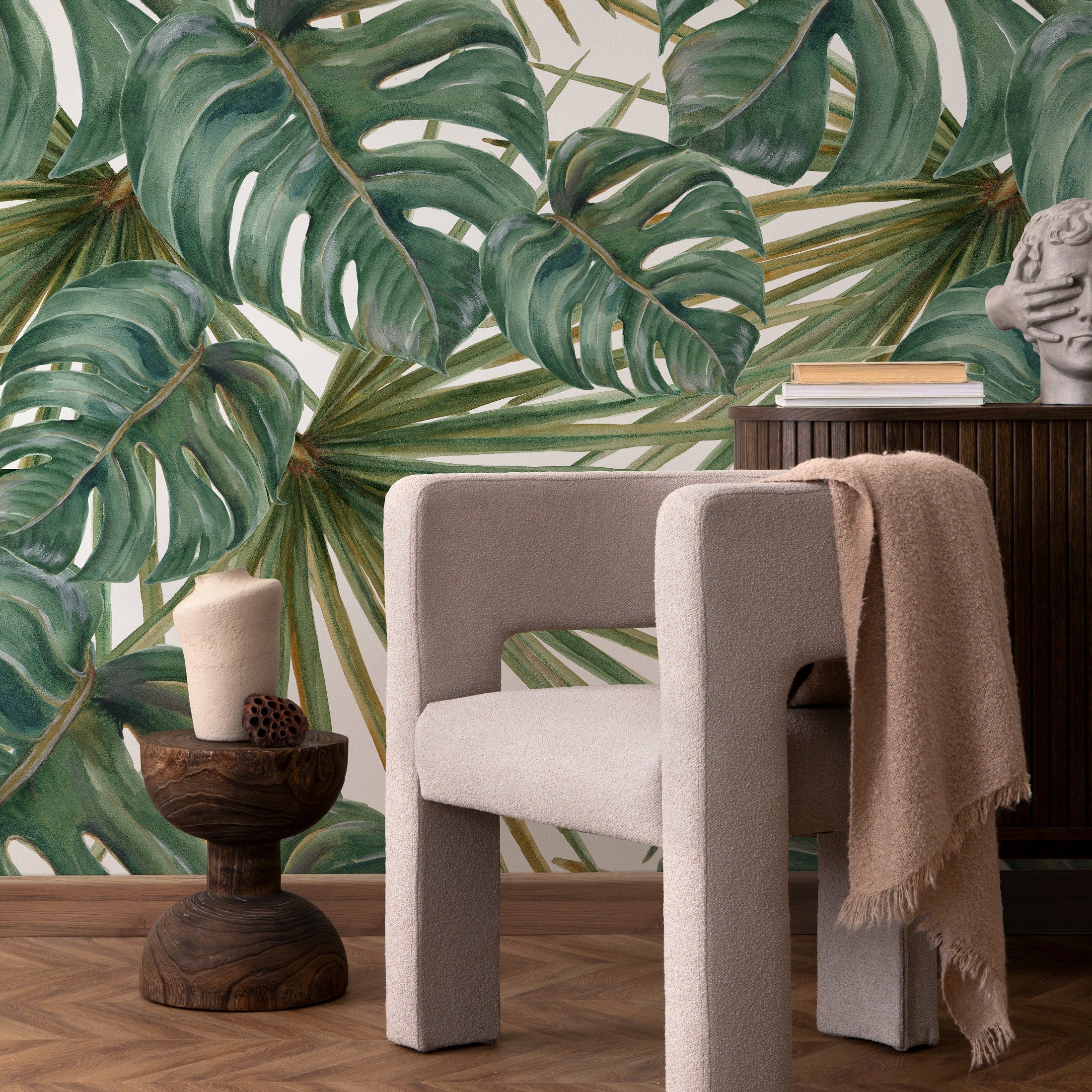 Botanical Wallpaper With Watercolor Monstera And Palm Leaves In Green - A259