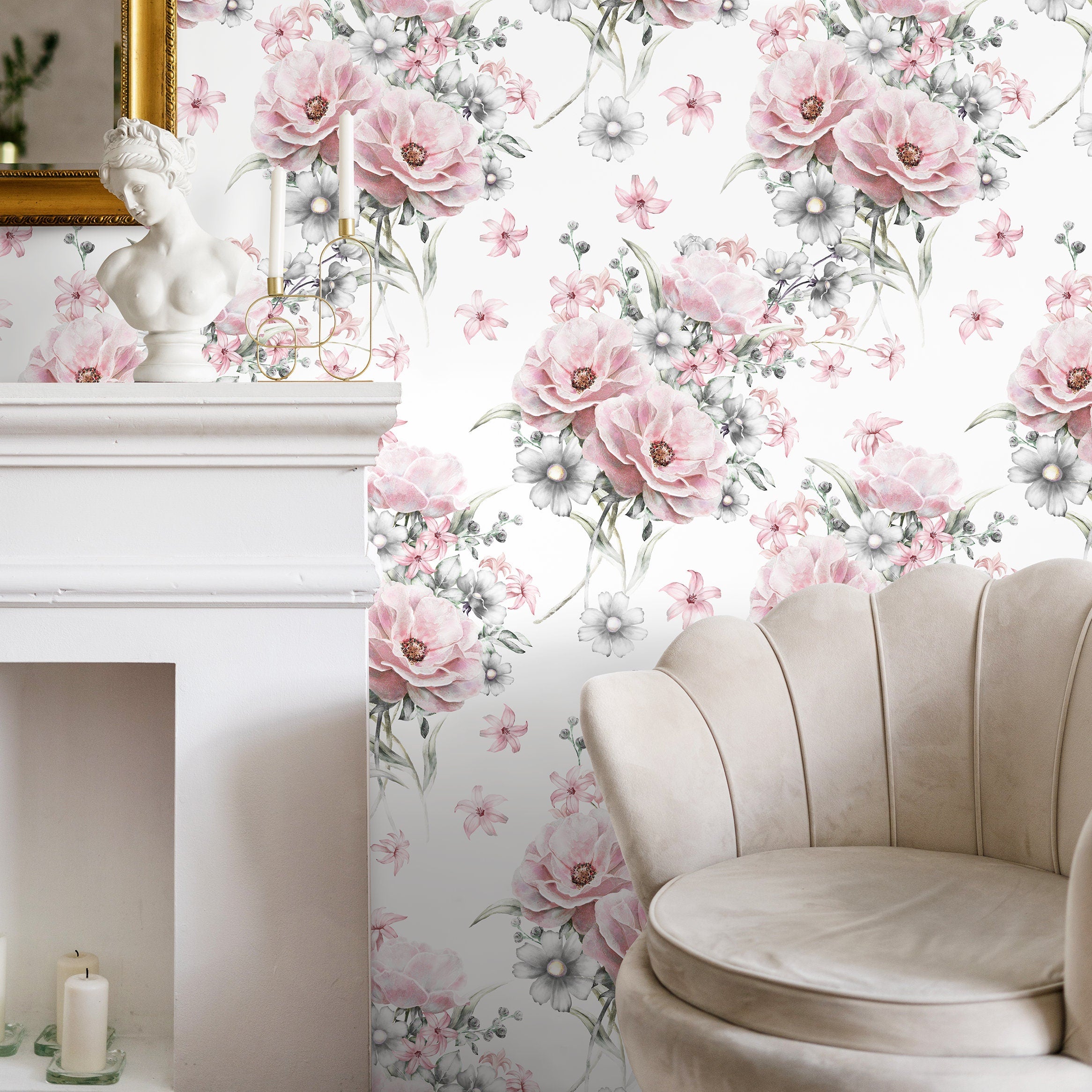 Floral Wallpaper With Painterly Peonies And Daisies In Pink And Grey - A265