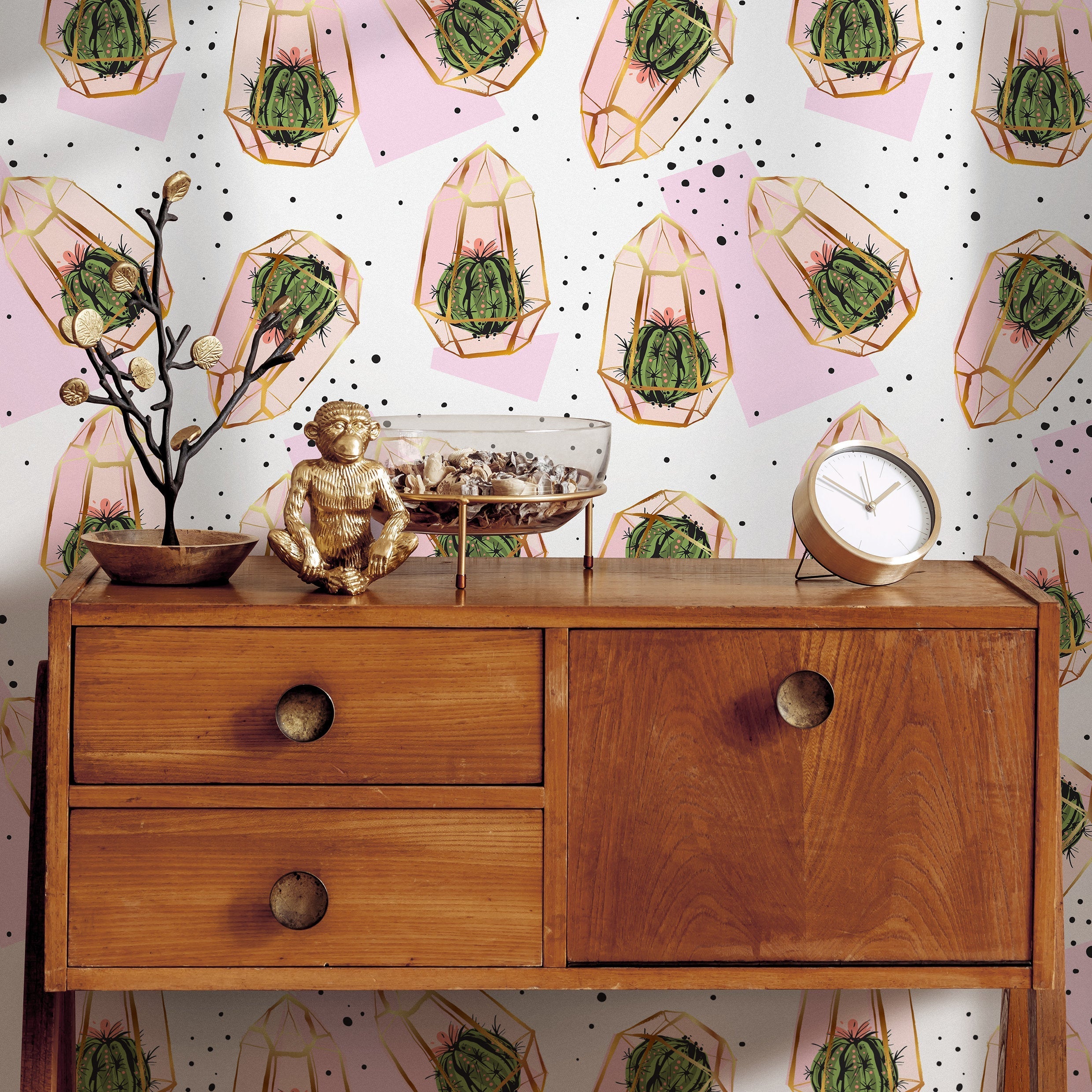 Cactus Wallpaper With Geometric Terrariums In Green, Pink, And Gold - A267