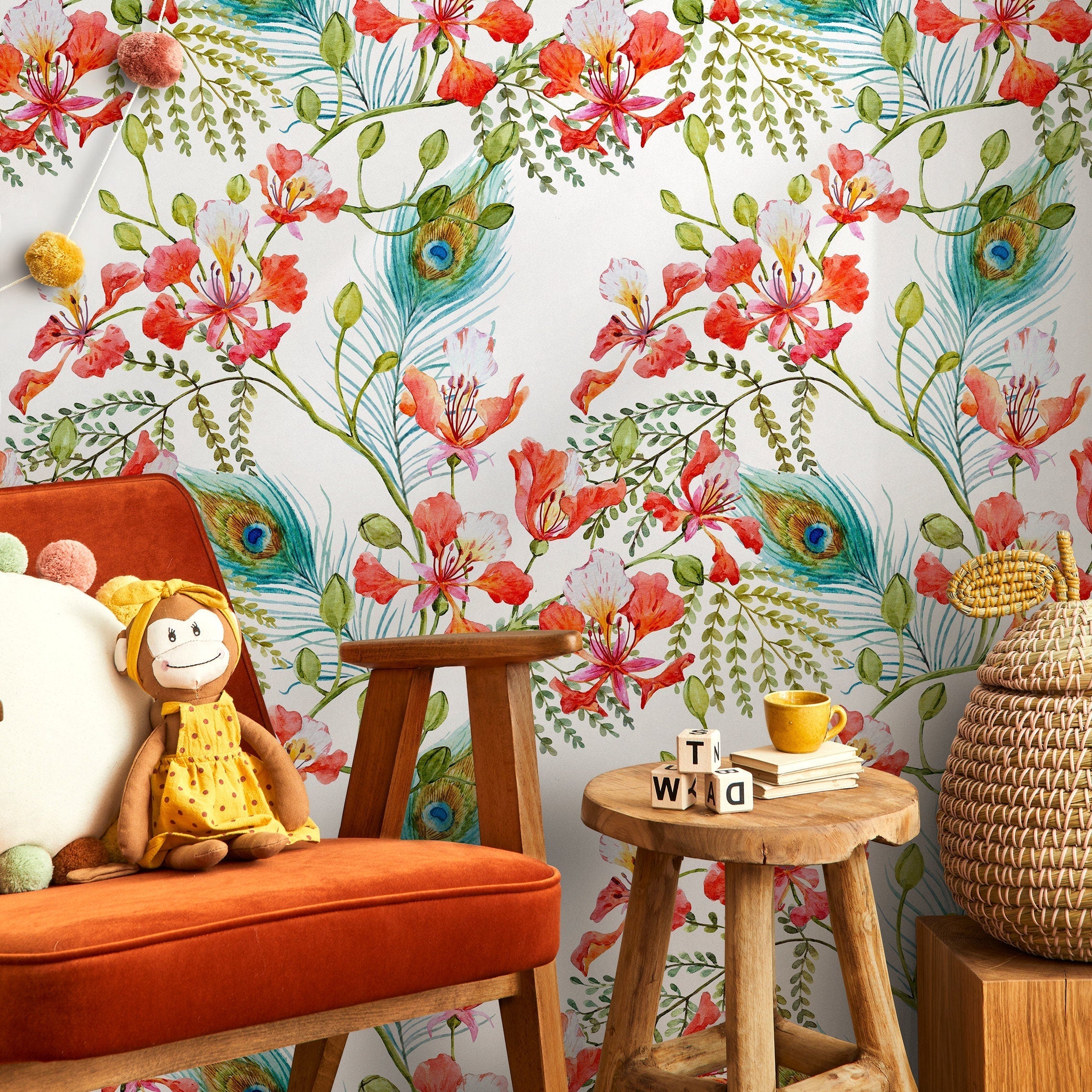 Floral Wallpaper With Peacock Feathers And Blooms In Red, Teal, And Green - A269