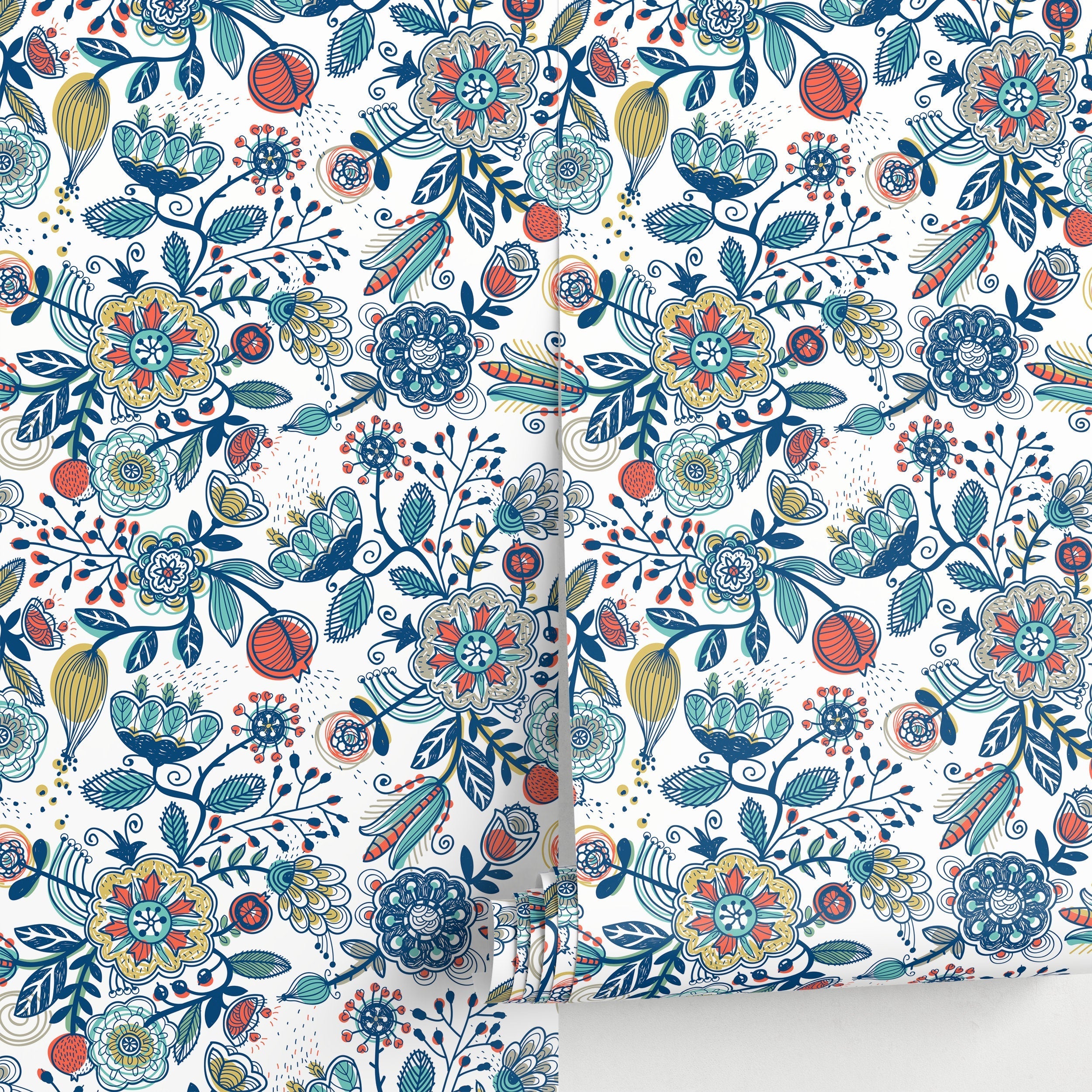 Folk Art Wallpaper With Whimsical Flowers In Blue, Orange, And Yellow - A272