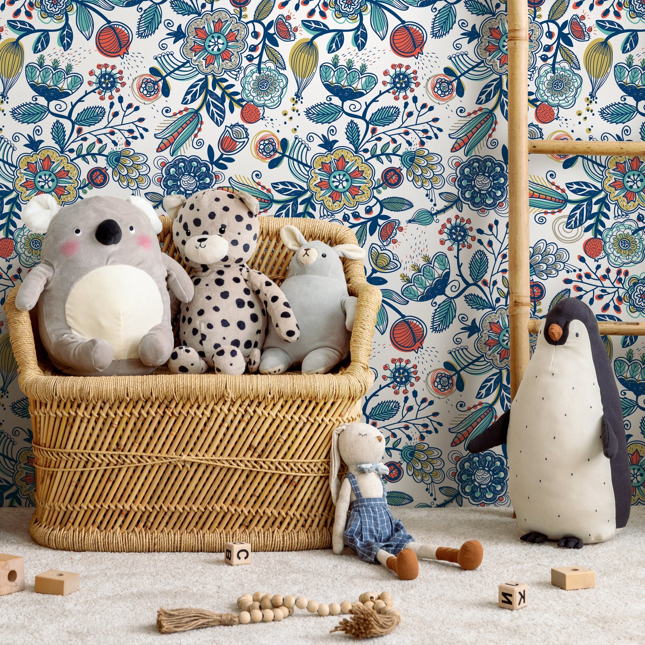 Folk Art Wallpaper With Whimsical Flowers In Blue, Orange, And Yellow - A272