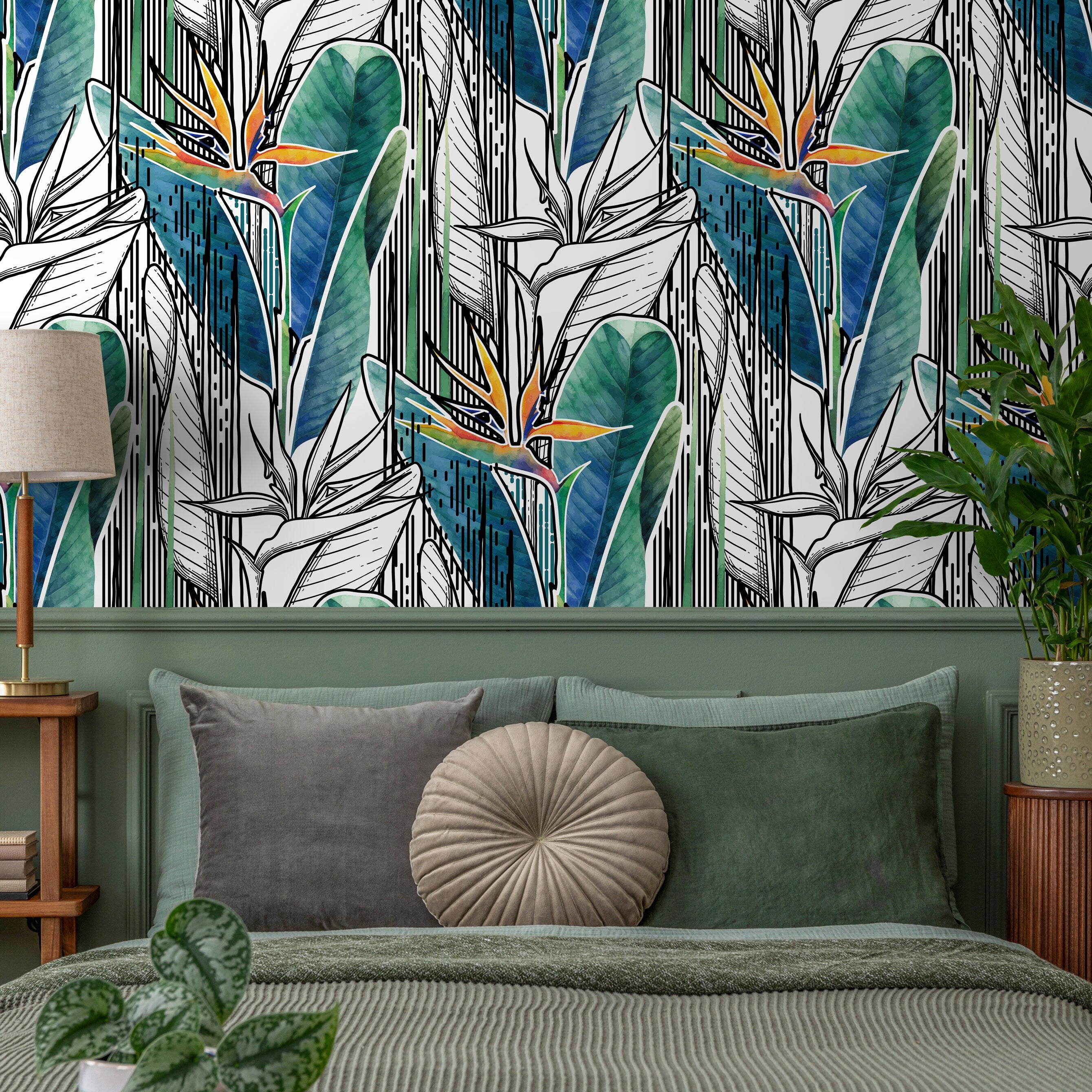 Tropical Wallpaper With Graphic Bird Of Paradise In Green, Blue, And Orange - A522