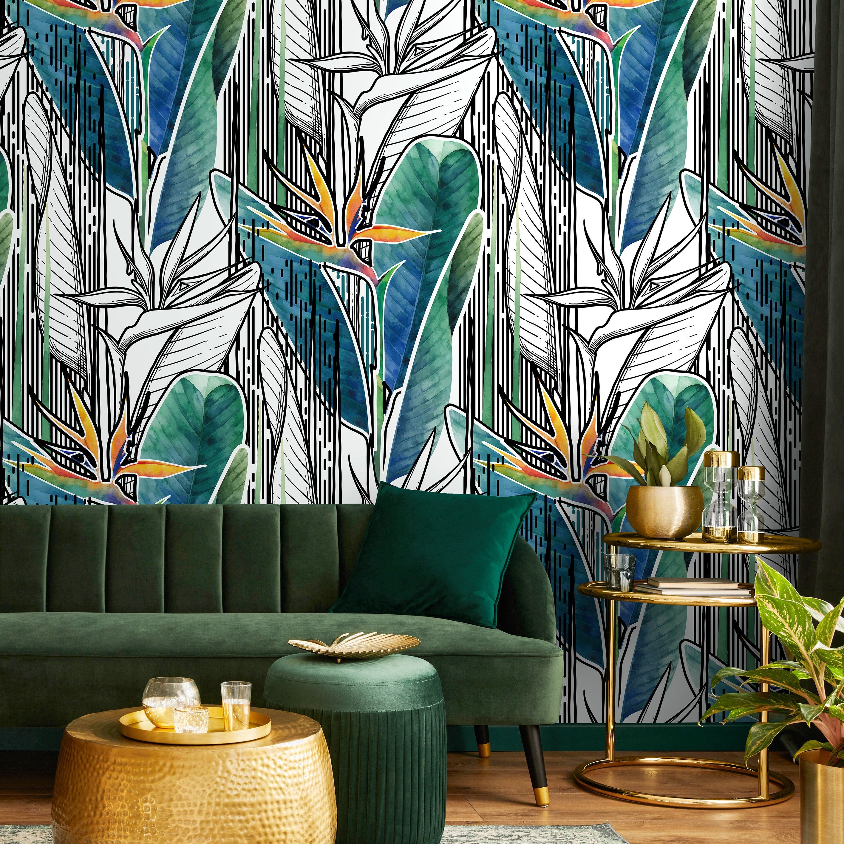 Tropical Wallpaper With Graphic Bird Of Paradise In Green, Blue, And Orange - A522