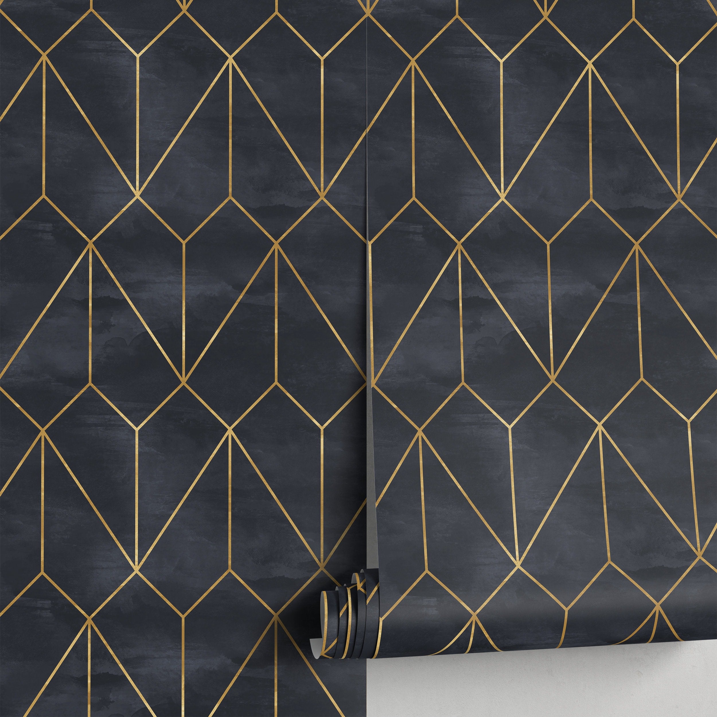 Geometric Wallpaper With Art Deco Lines In Dark Blue And Gold - A540