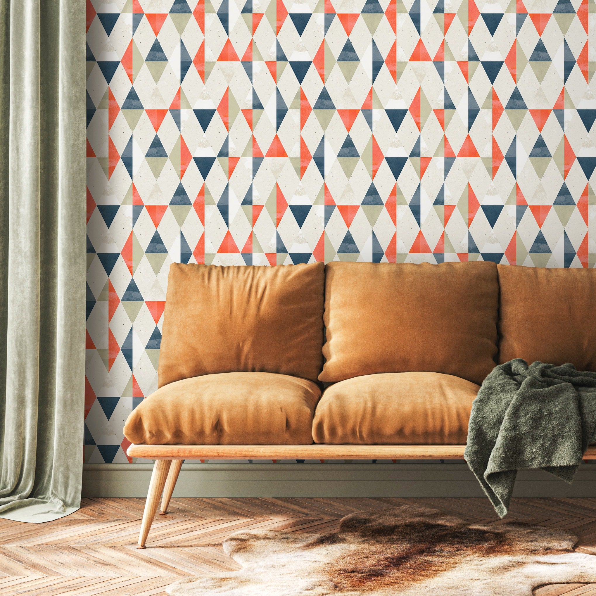 Geometric Wallpaper With A Retro Triangle Pattern In Blue, Orange, And Beige - A412