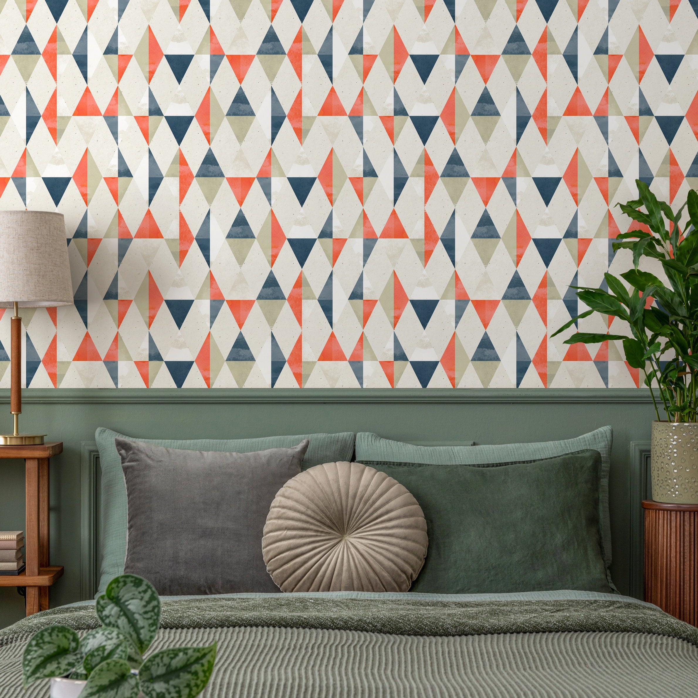 Geometric Wallpaper With A Retro Triangle Pattern In Blue, Orange, And Beige - A412