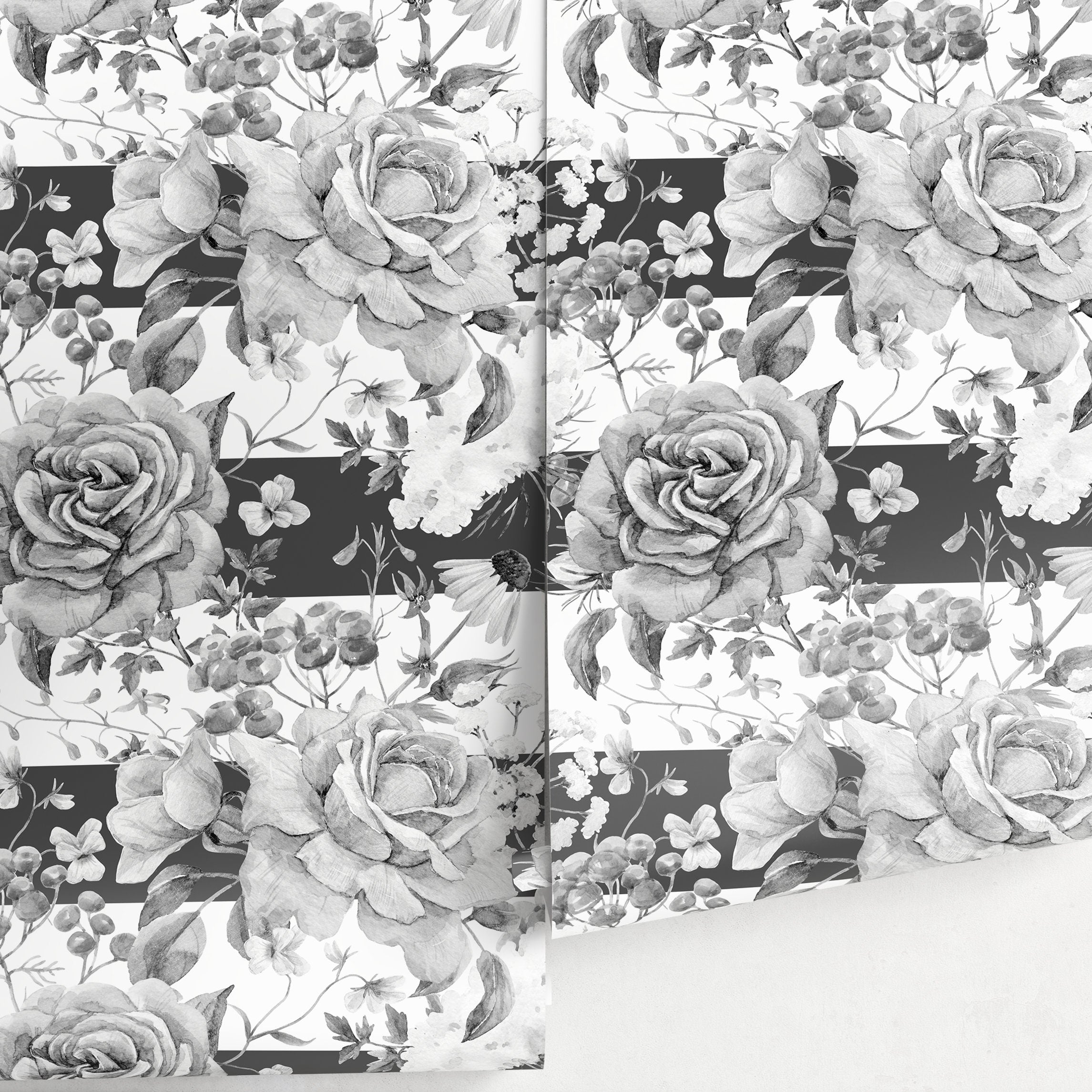 Floral Wallpaper With Roses And Modern Stripes In Black And White - A461