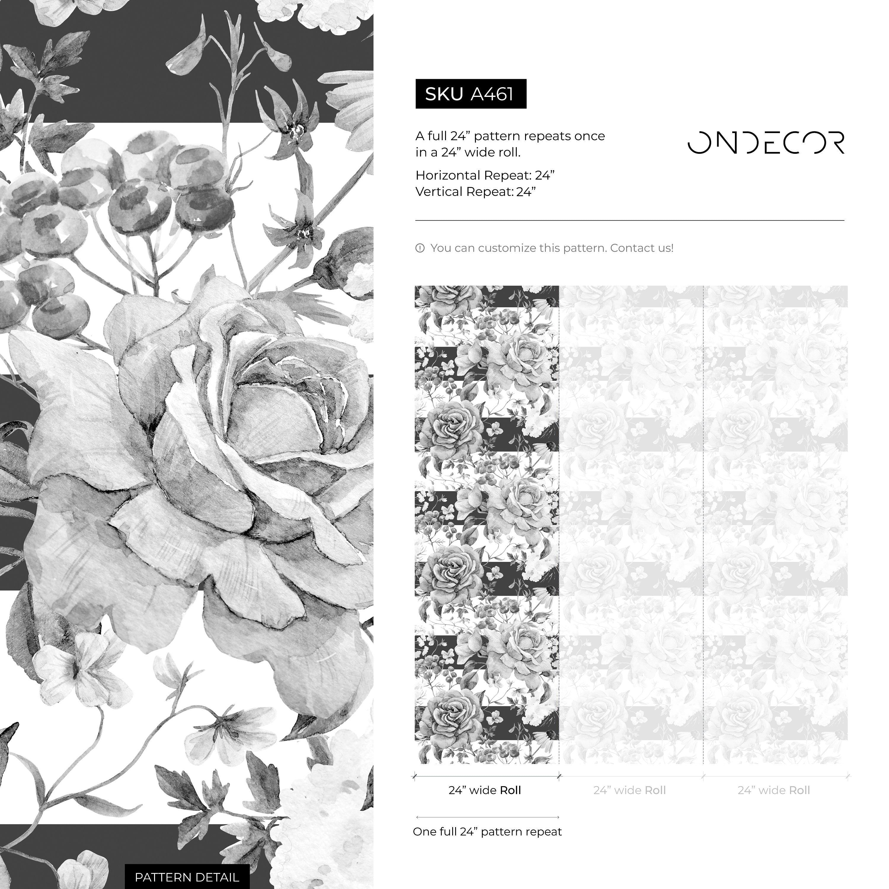 Floral Wallpaper With Roses And Modern Stripes In Black And White - A461