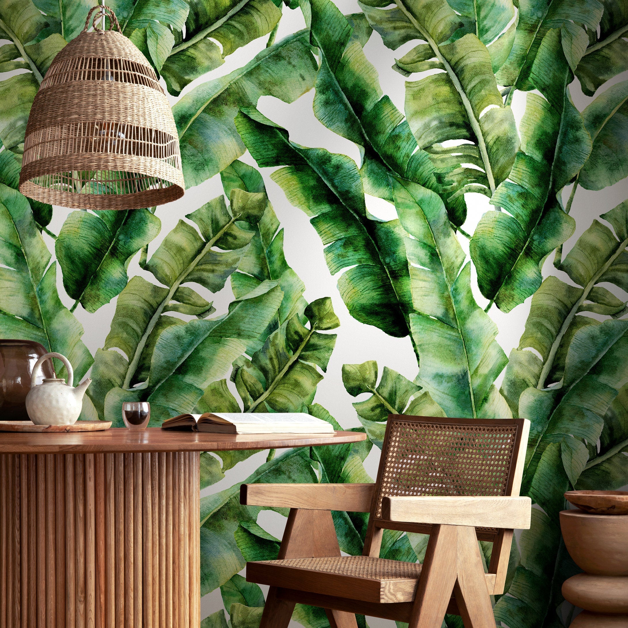 Tropical Wallpaper With A Watercolor Banana Leaf Motif In Green - A498
