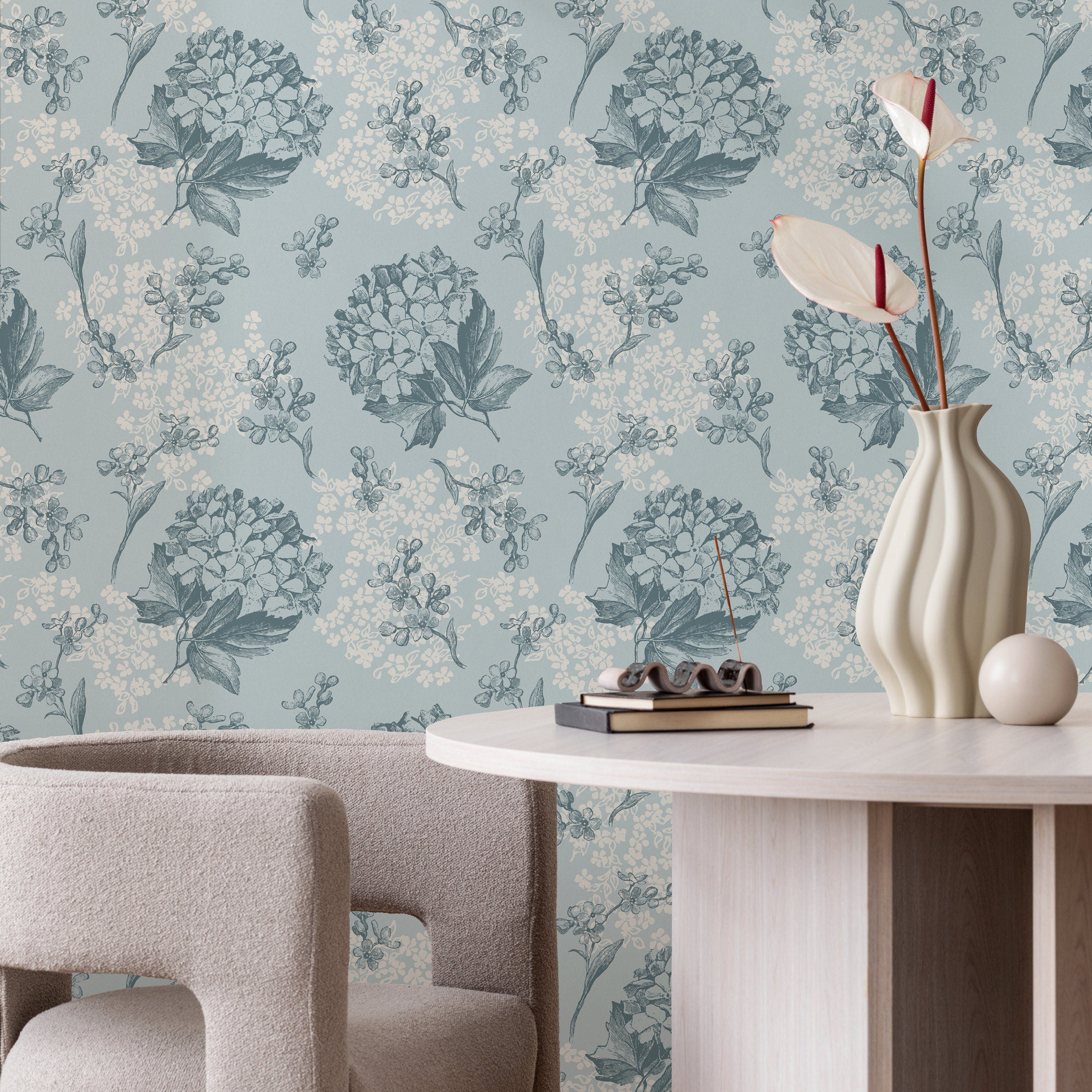 Floral Wallpaper With Vintage Hydrangeas In Blue, Slate Blue, And Cream - A631