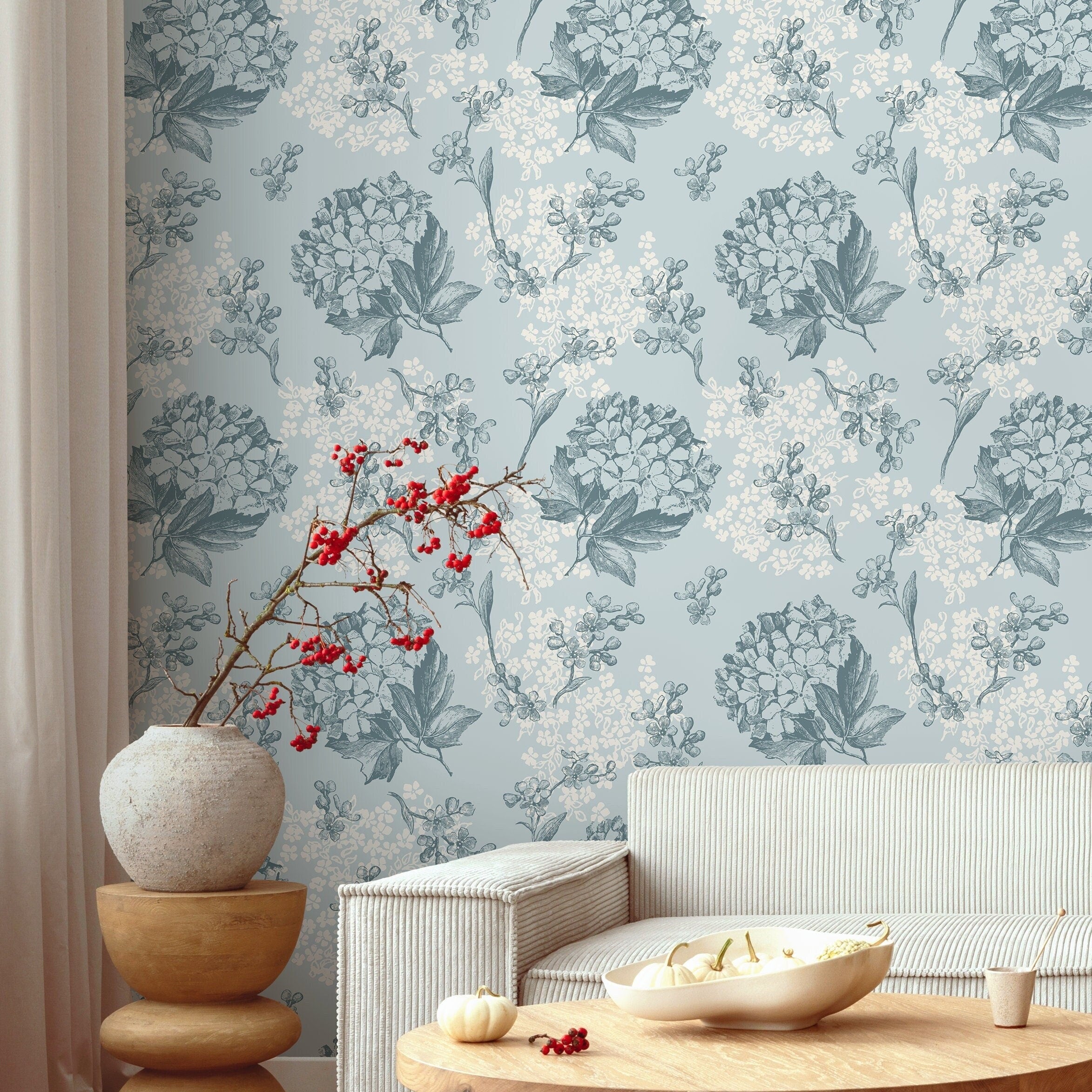 Floral Wallpaper With Vintage Hydrangeas In Blue, Slate Blue, And Cream - A631